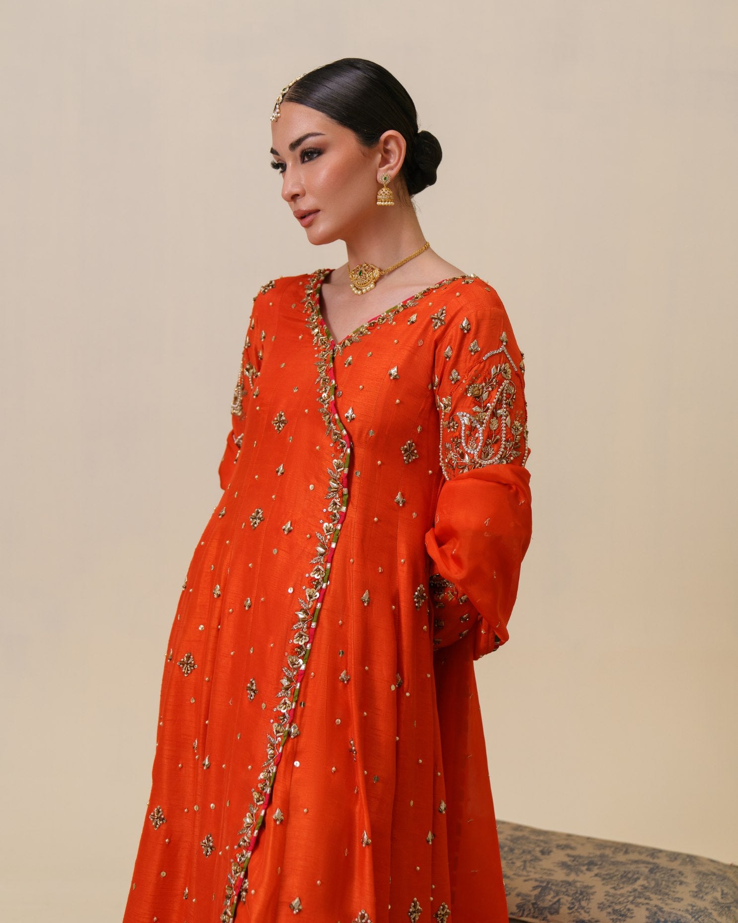 3-Piece Orange Anarkha Raw Silk Embroidered