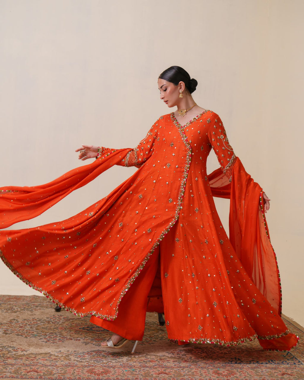 3-Piece Orange Anarkha Raw Silk Embroidered