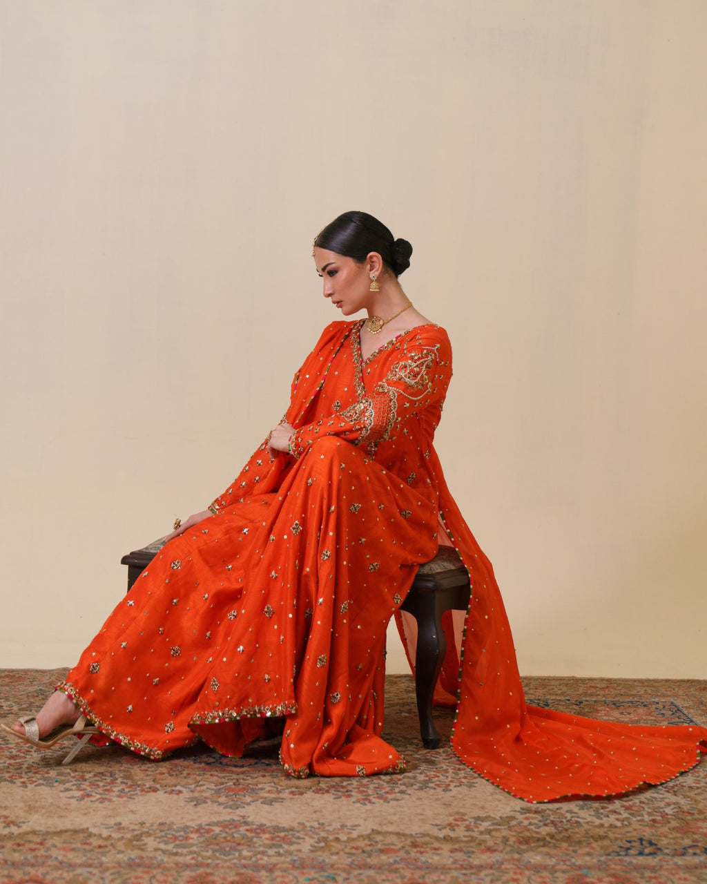 3-Piece Orange Anarkha Raw Silk Embroidered