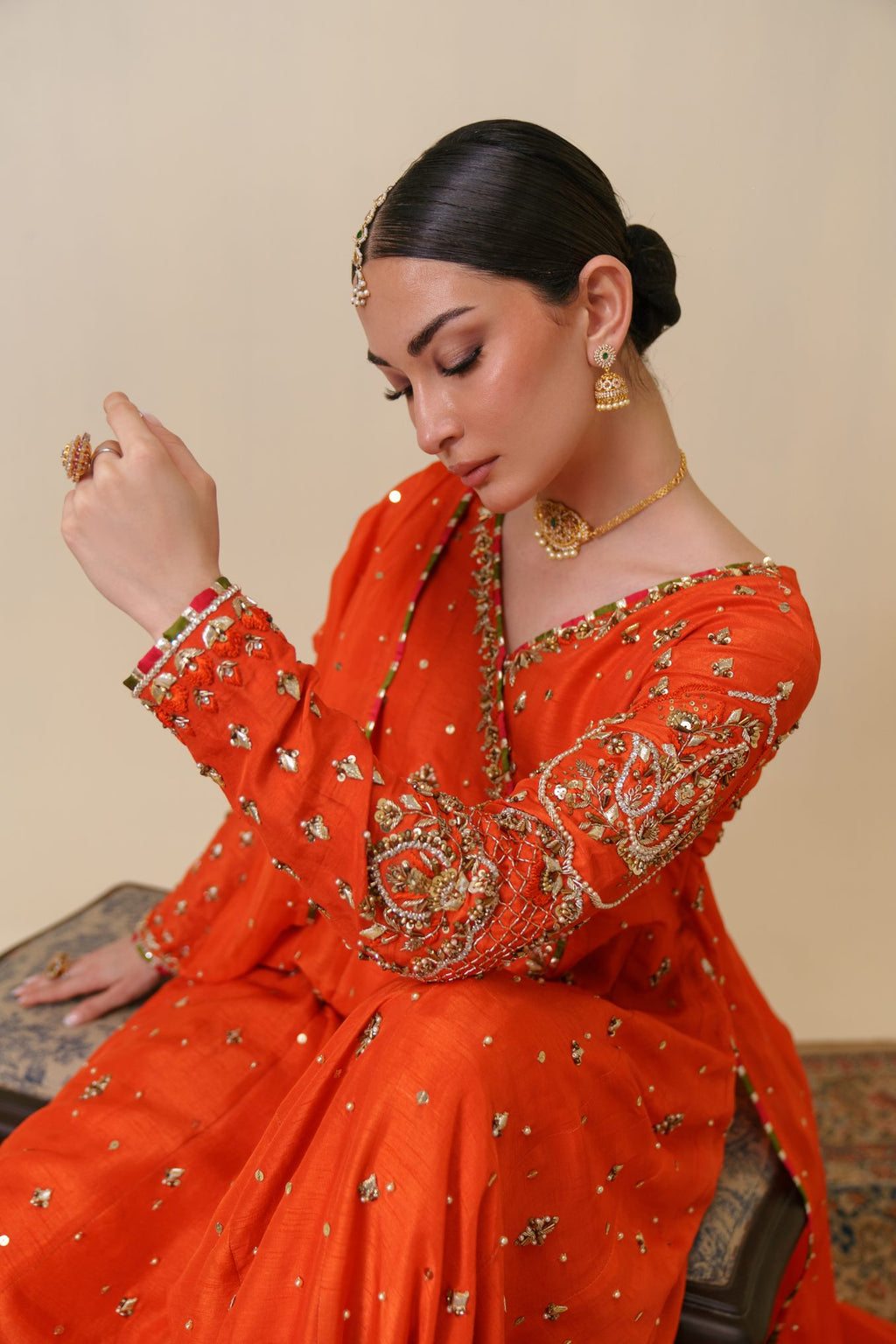 3-Piece Orange Anarkha Raw Silk Embroidered