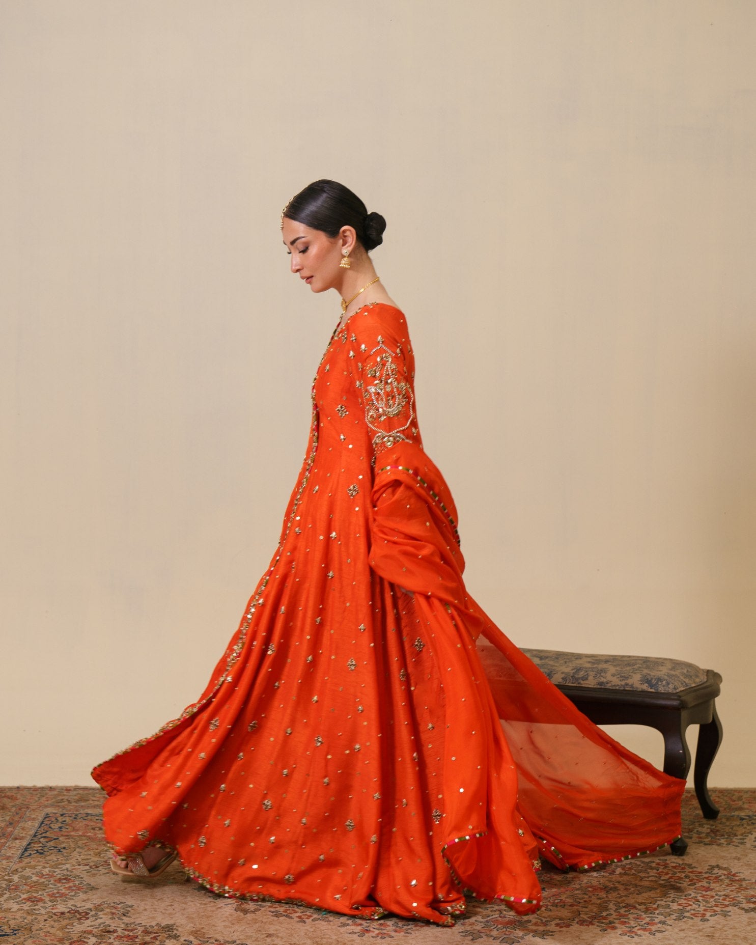 3-Piece Orange Anarkha Raw Silk Embroidered