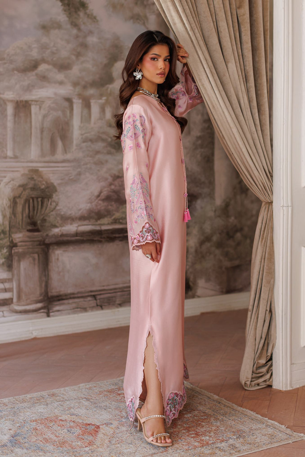 2-Piece Pink Kaftan Shisha Silk Embroidered