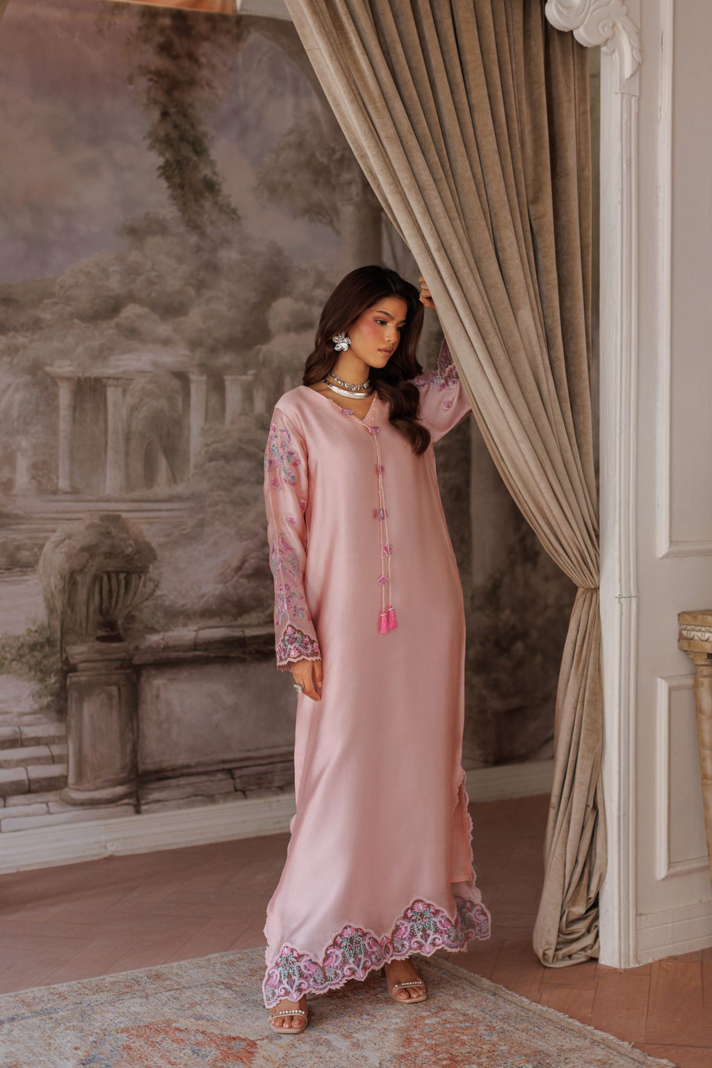 2-Piece Pink Kaftan Shisha Silk Embroidered