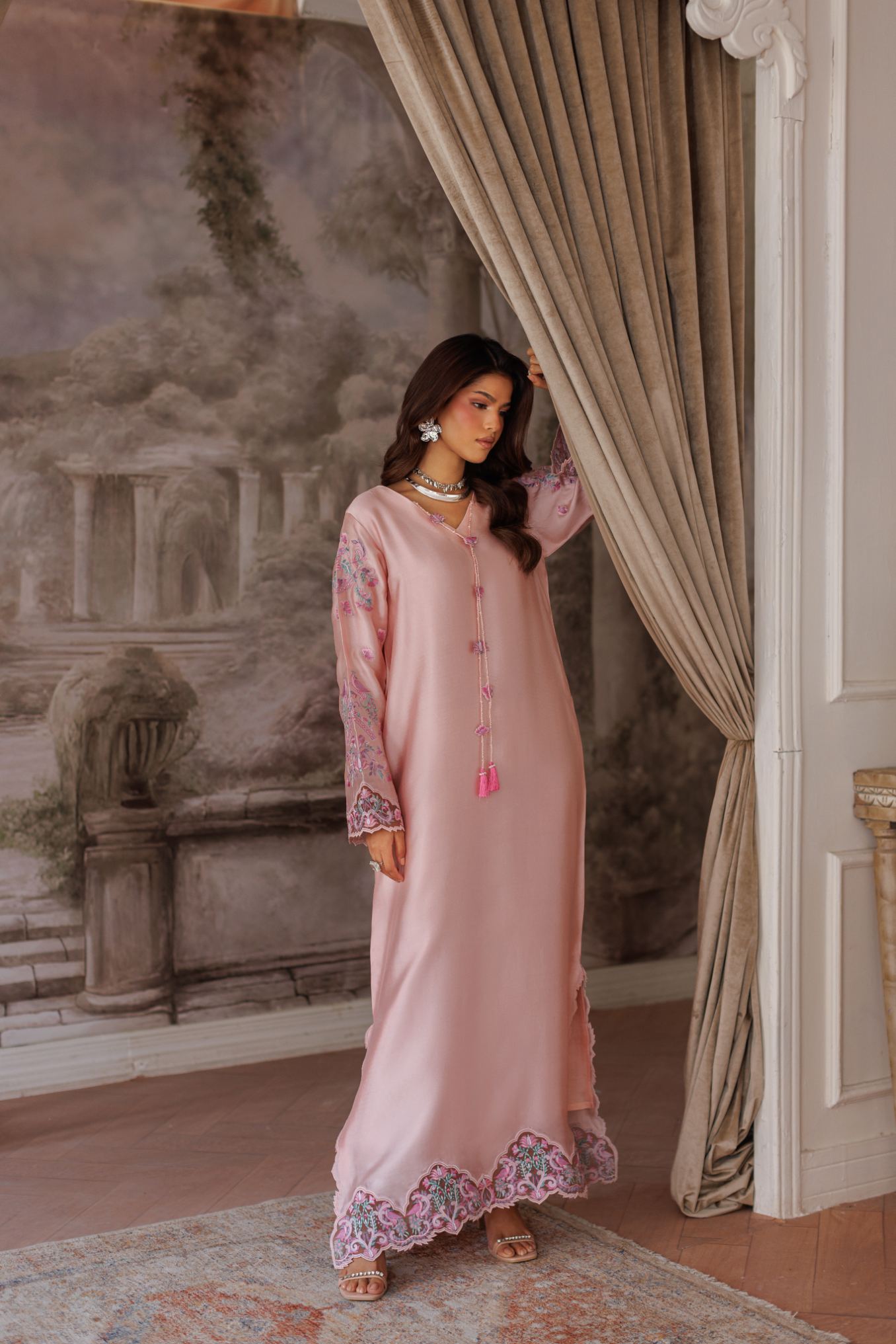 2-Piece Pink Kaftan Shisha Silk Embroidered