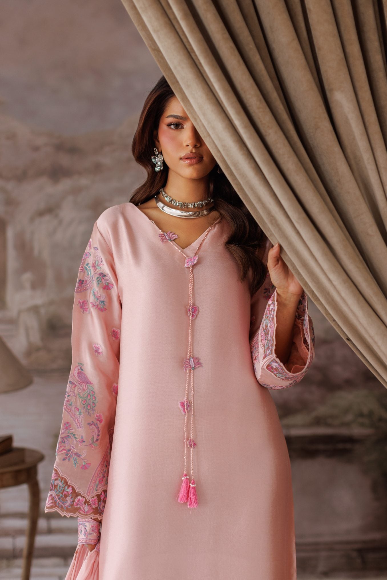 2-Piece Pink Kaftan Shisha Silk Embroidered