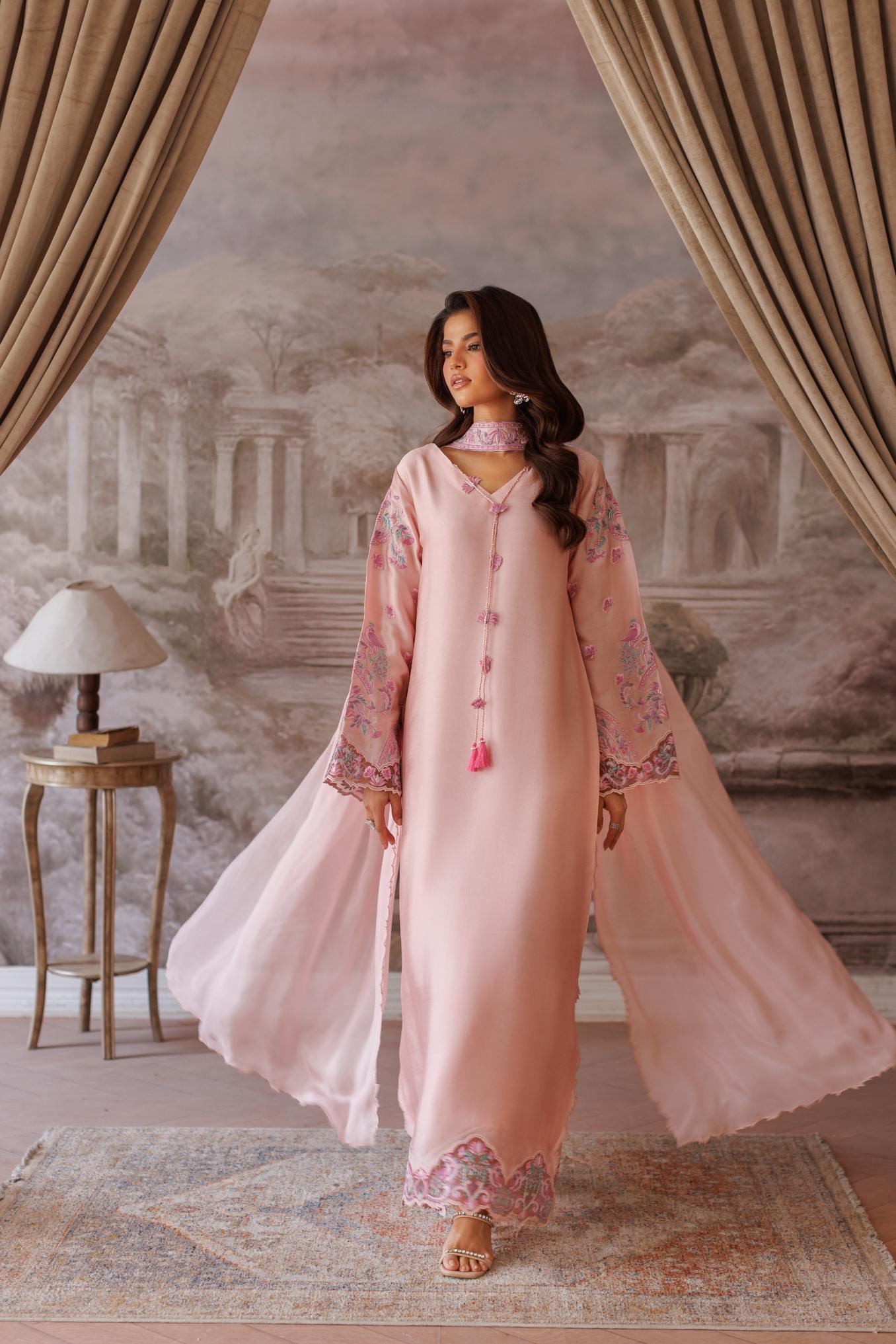 2-Piece Pink Kaftan Shisha Silk Embroidered