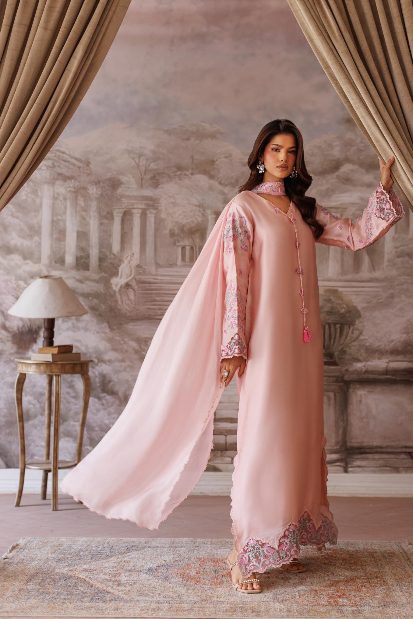 2-Piece Pink Kaftan Shisha Silk Embroidered
