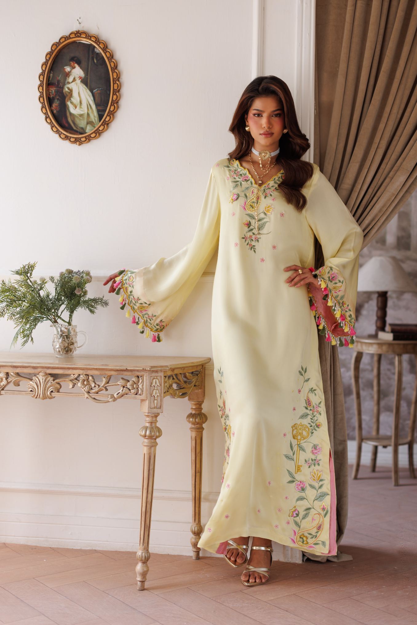 2-Piece Pastel Lemon Kaftan Shisha Silk Embroidered
