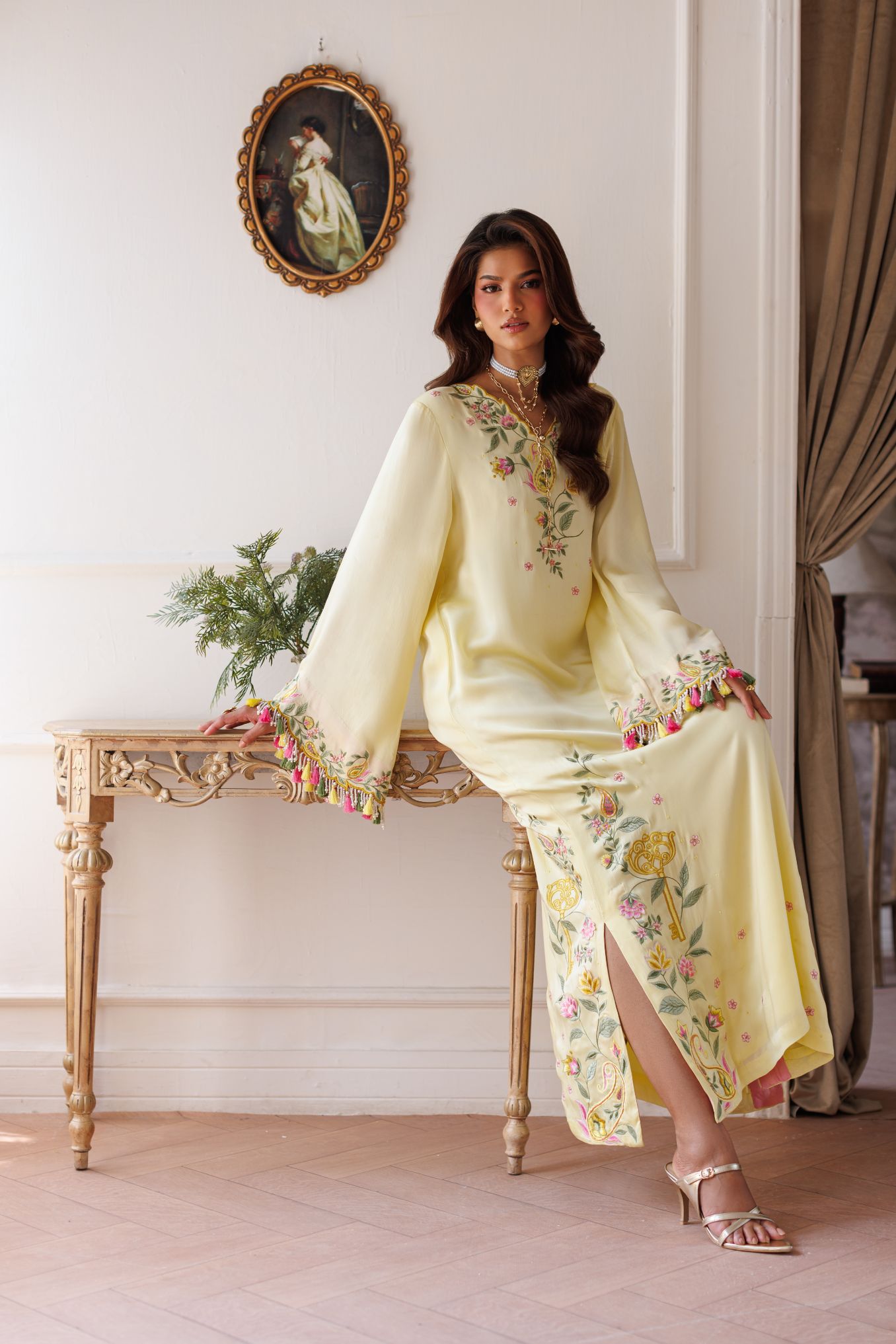 2-Piece Pastel Lemon Kaftan Shisha Silk Embroidered