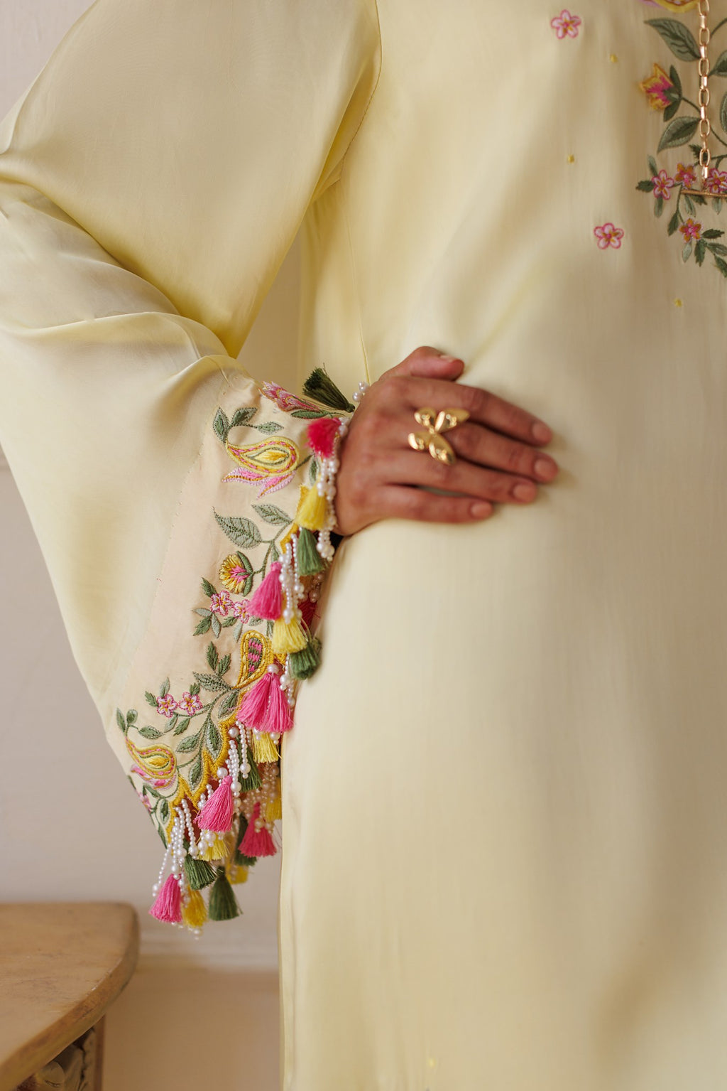 2-Piece Pastel Lemon Kaftan Shisha Silk Embroidered
