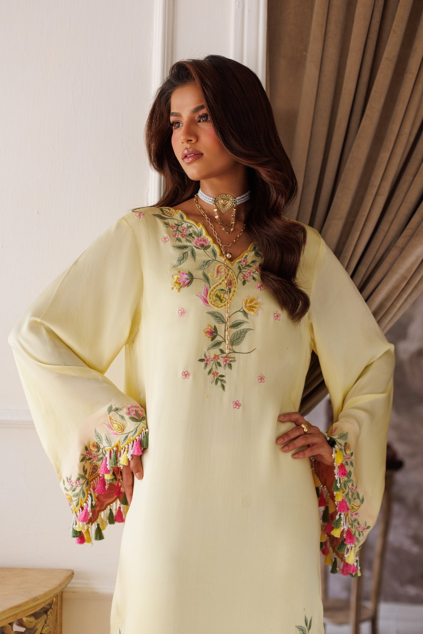 2-Piece Pastel Lemon Kaftan Shisha Silk Embroidered
