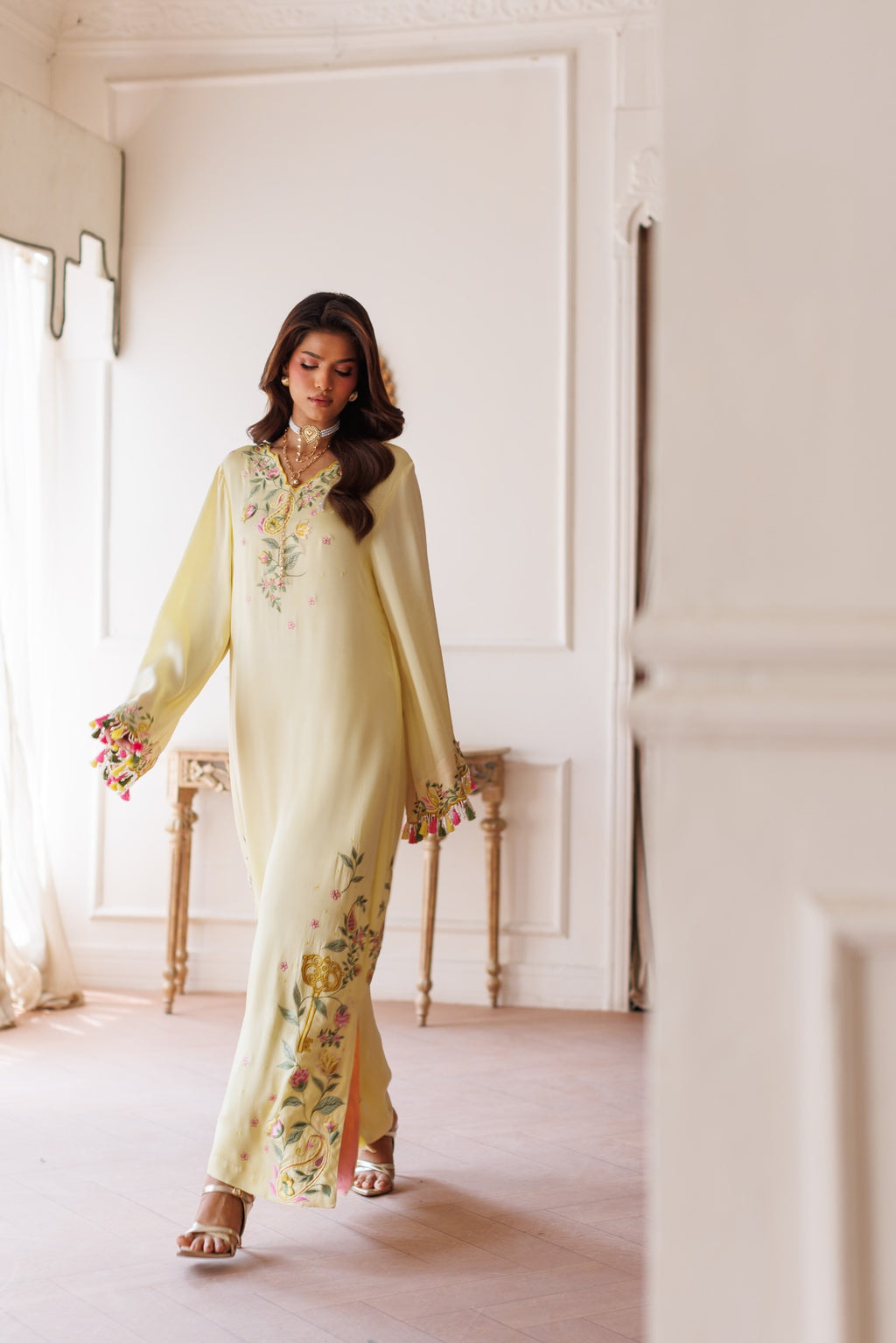 2-Piece Pastel Lemon Kaftan Shisha Silk Embroidered
