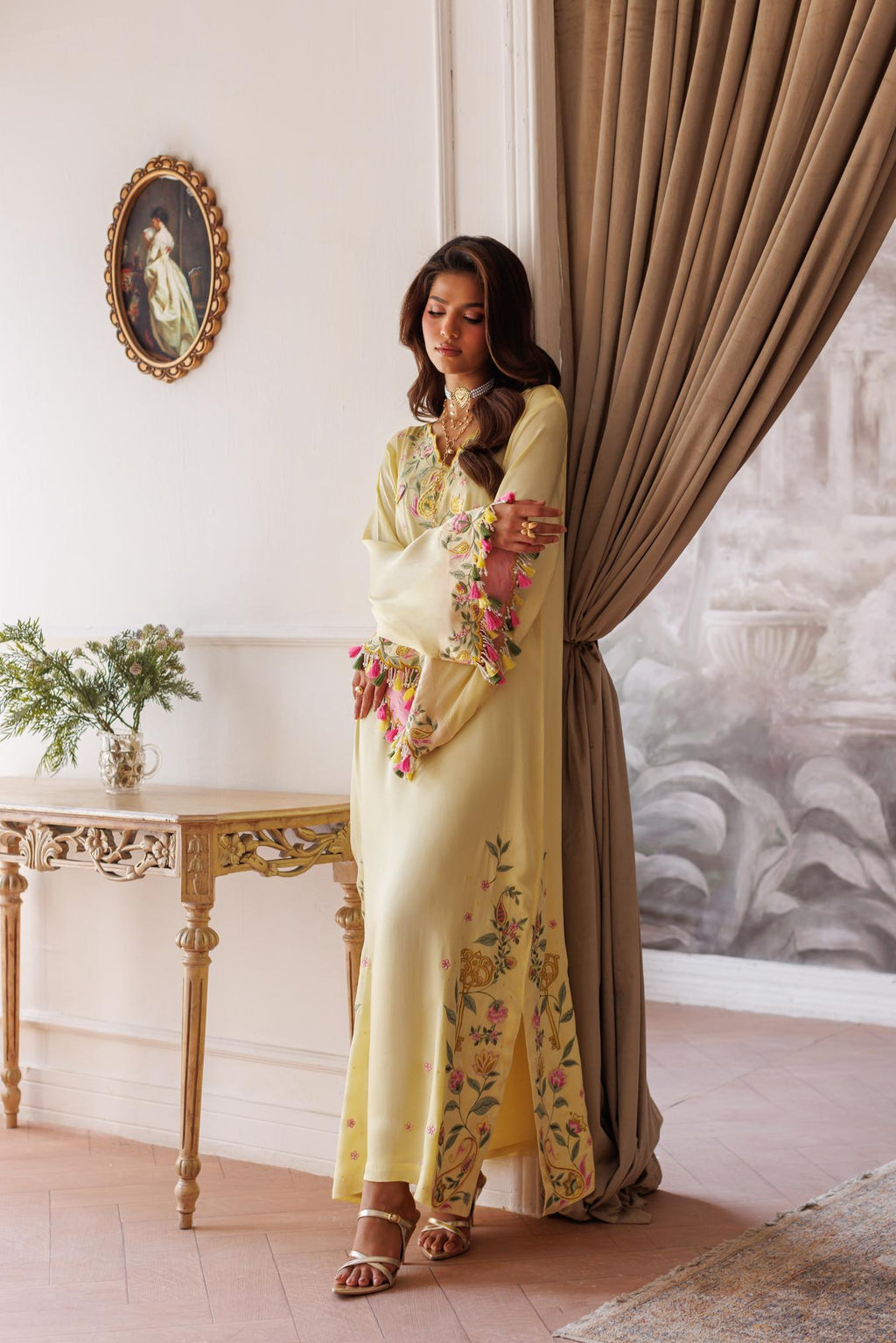 2-Piece Pastel Lemon Kaftan Shisha Silk Embroidered