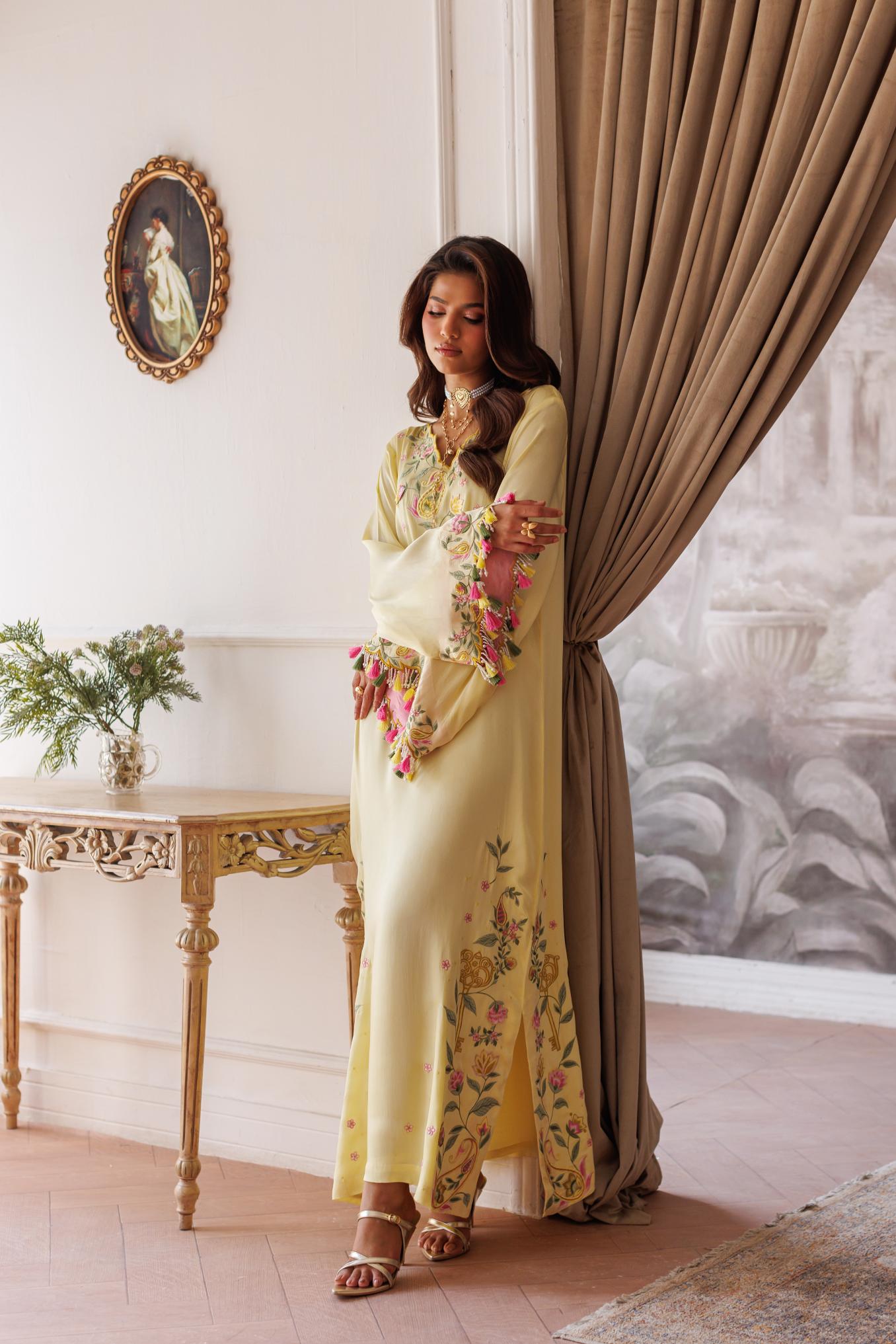 2-Piece Pastel Lemon Kaftan Shisha Silk Embroidered