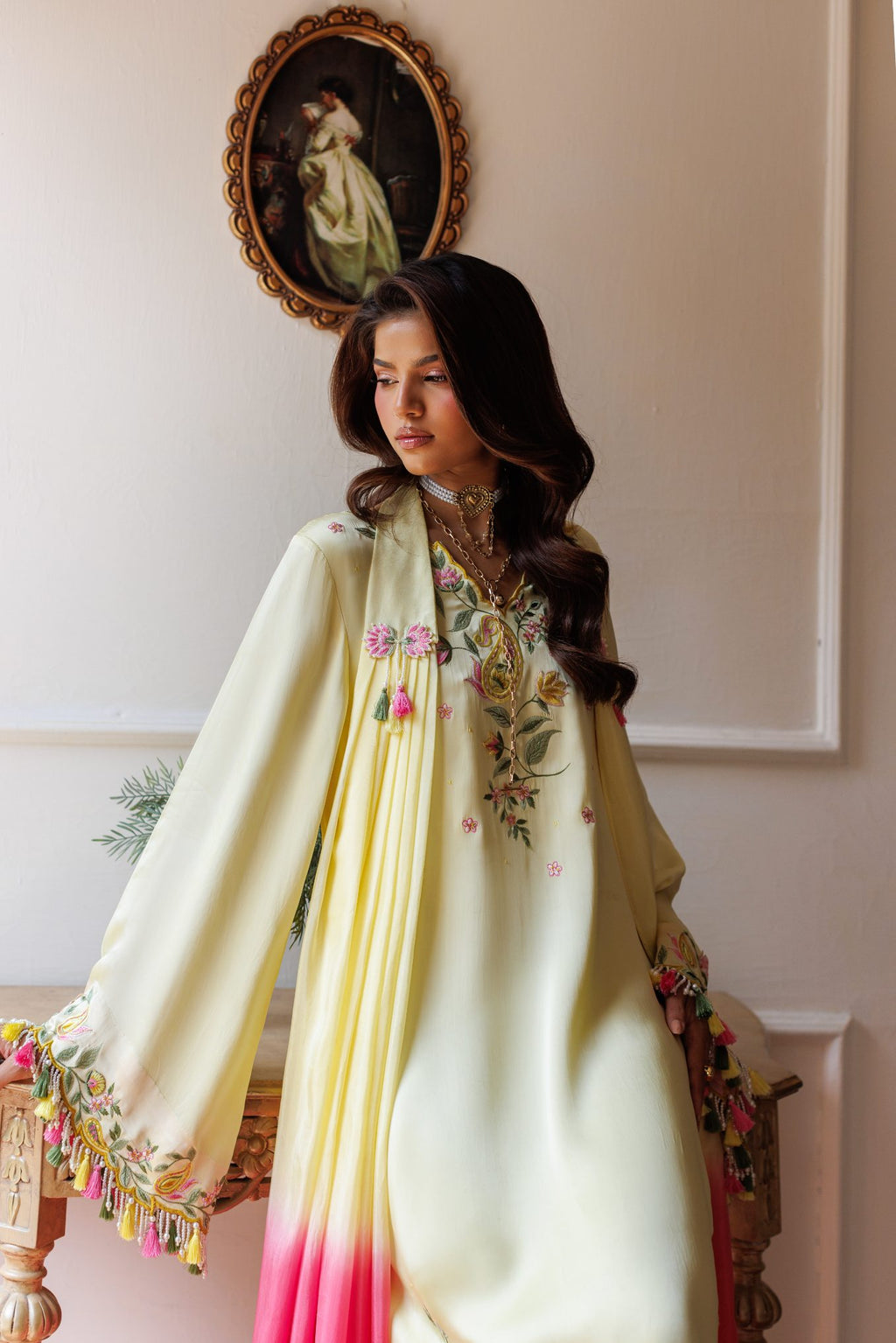 2-Piece Pastel Lemon Kaftan Shisha Silk Embroidered