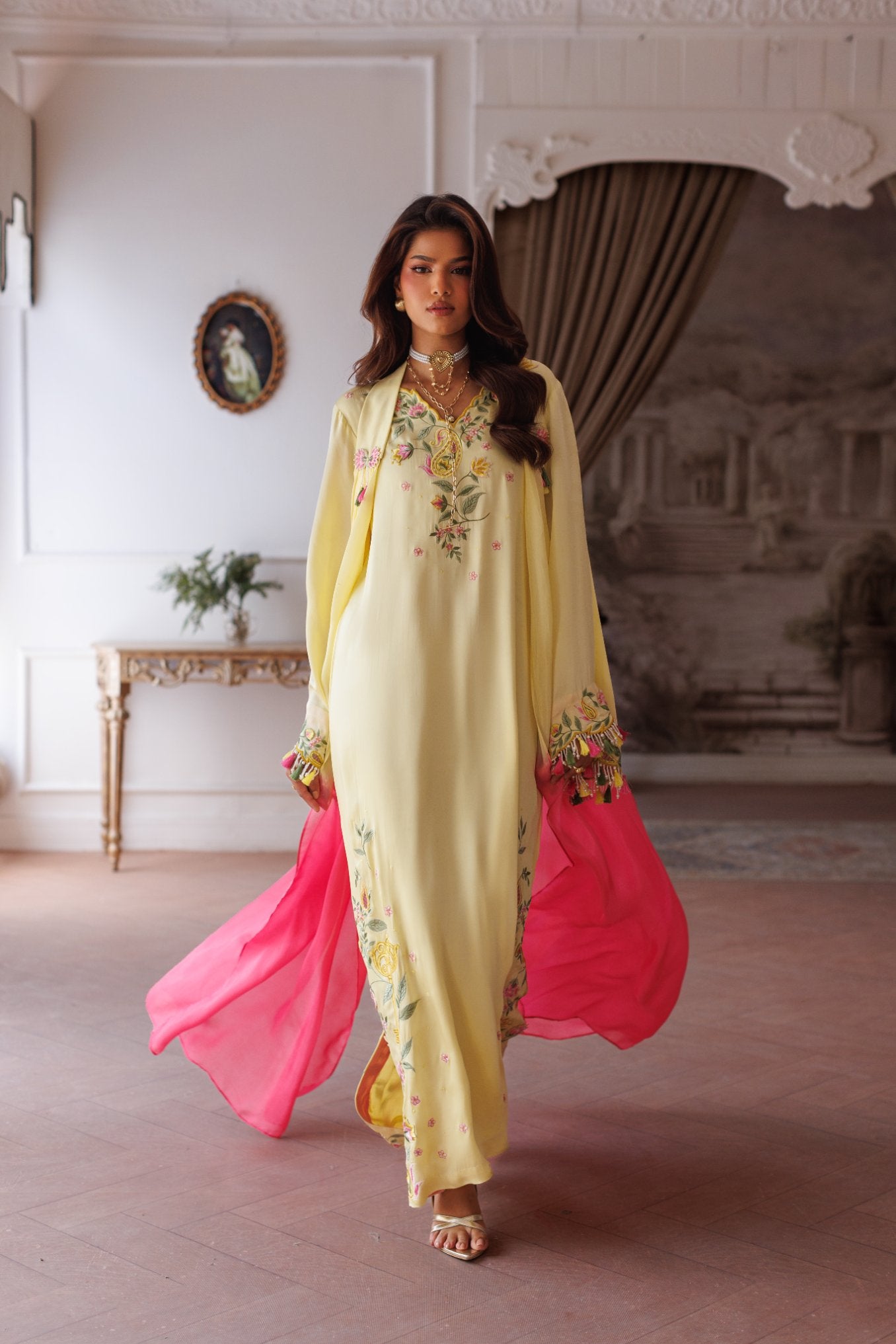 2-Piece Pastel Lemon Kaftan Shisha Silk Embroidered