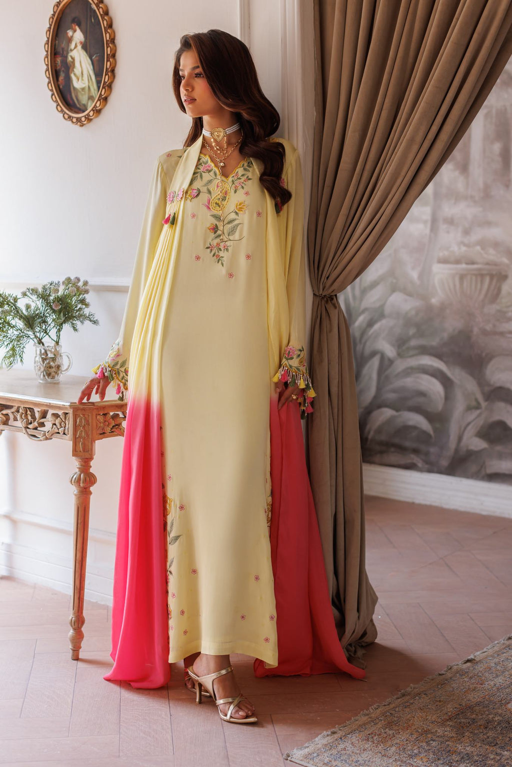 2-Piece Pastel Lemon Kaftan Shisha Silk Embroidered