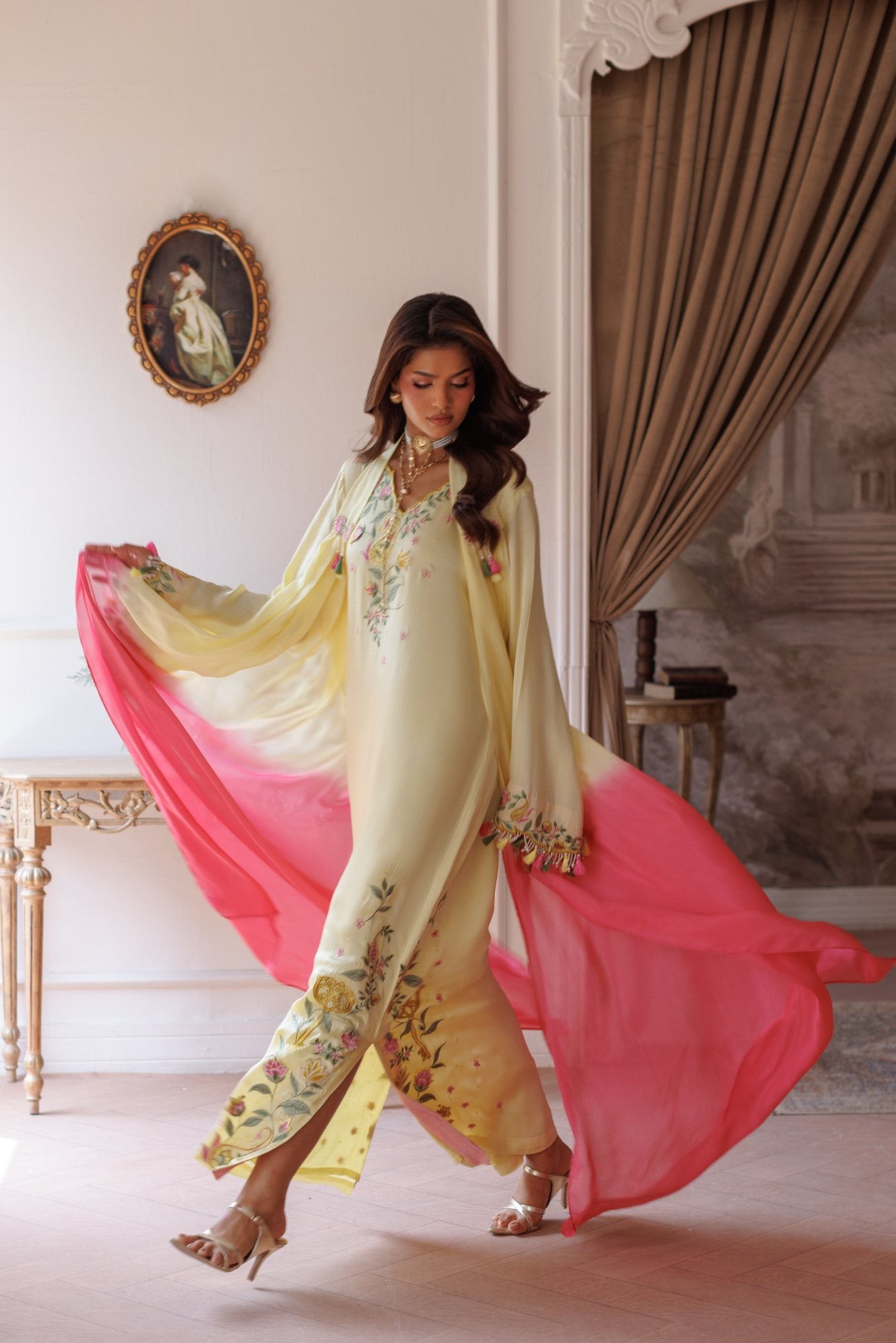 2-Piece Pastel Lemon Kaftan Shisha Silk Embroidered