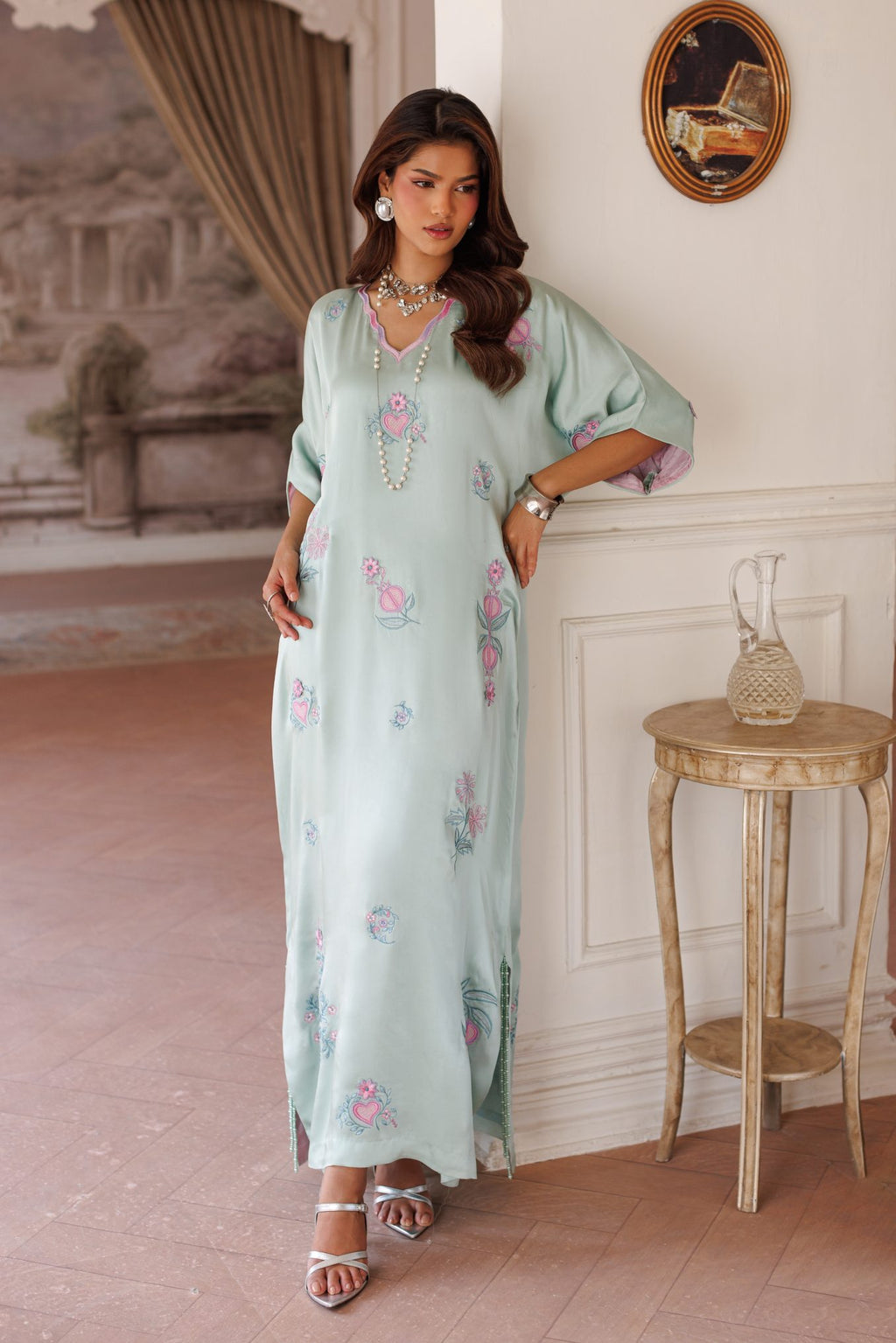 1-Piece Powder Blue Kaftan Shisha Silk Embroidered