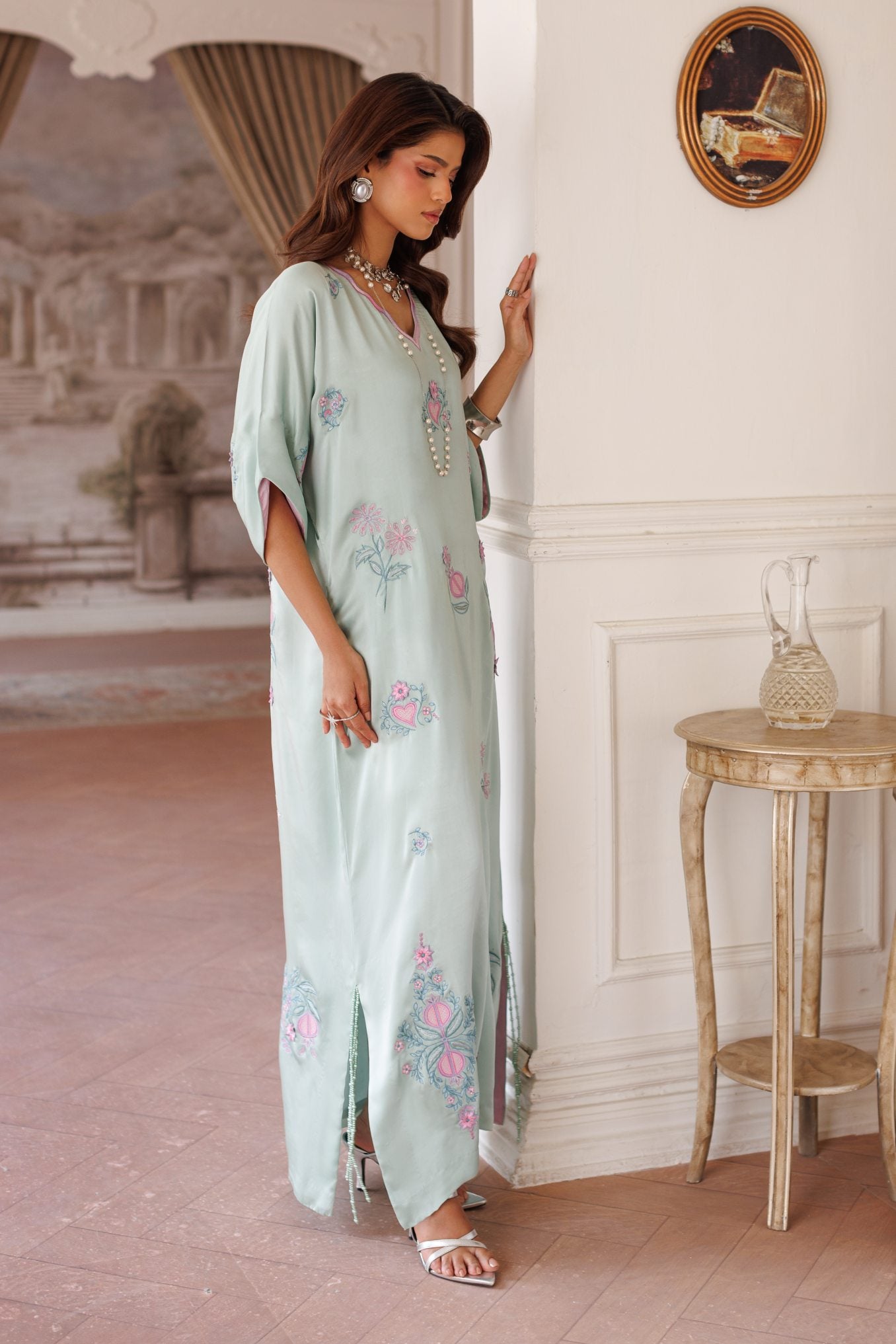 1-Piece Powder Blue Kaftan Shisha Silk Embroidered