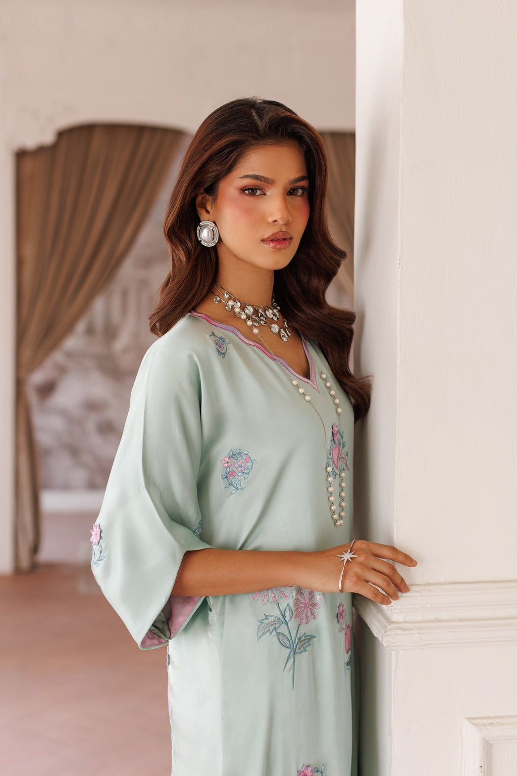 1-Piece Powder Blue Kaftan Shisha Silk Embroidered