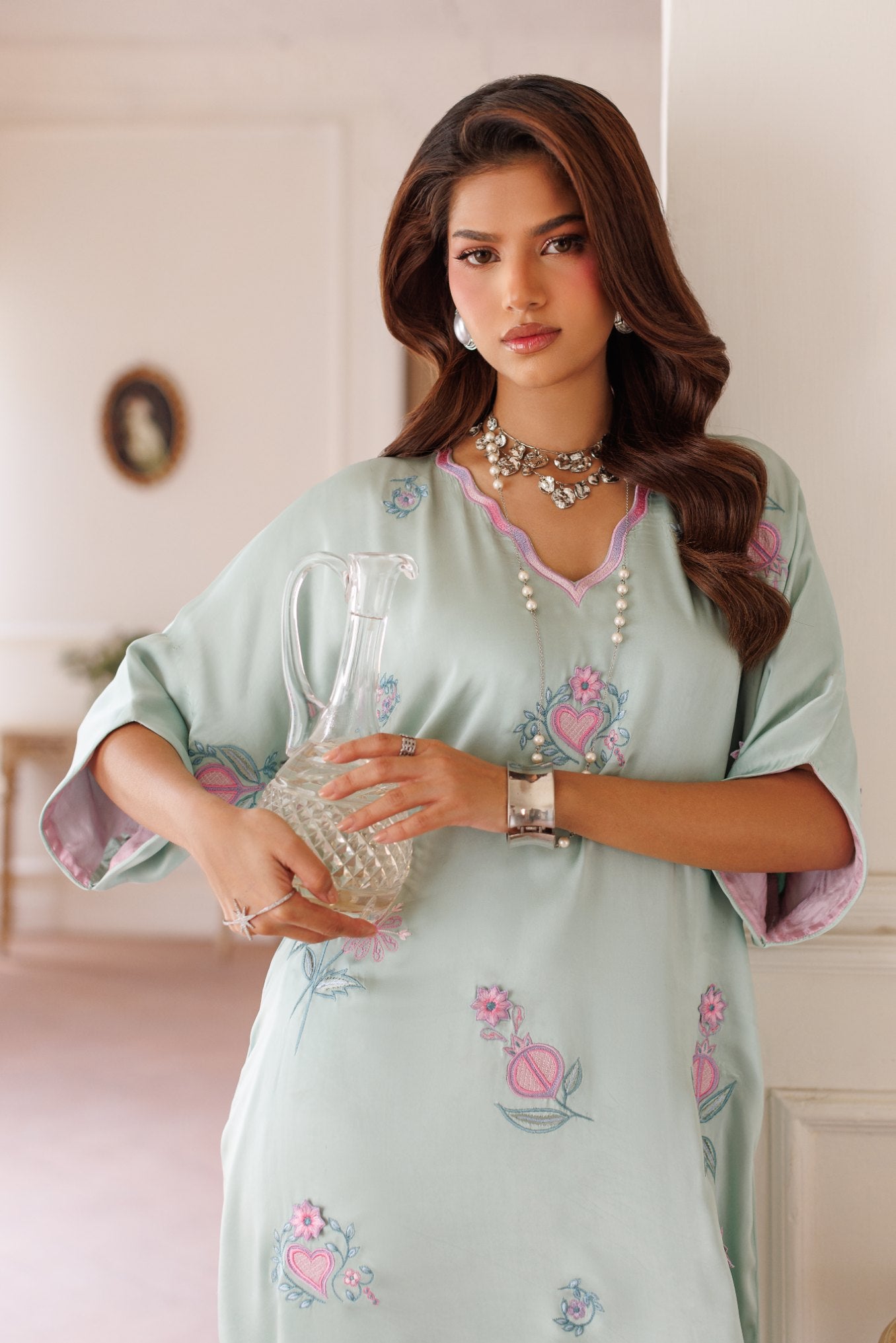 1-Piece Powder Blue Kaftan Shisha Silk Embroidered