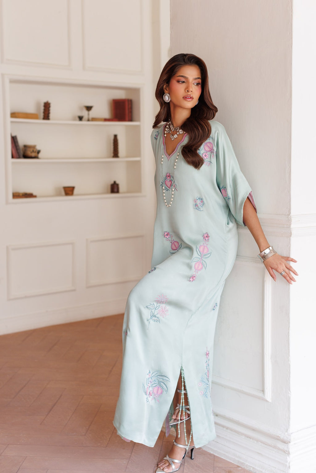 1-Piece Powder Blue Kaftan Shisha Silk Embroidered