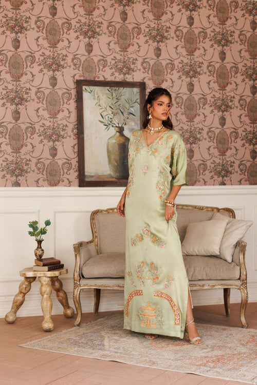 1-Piece Apple Green Kaftan Shisha Silk Embroidered