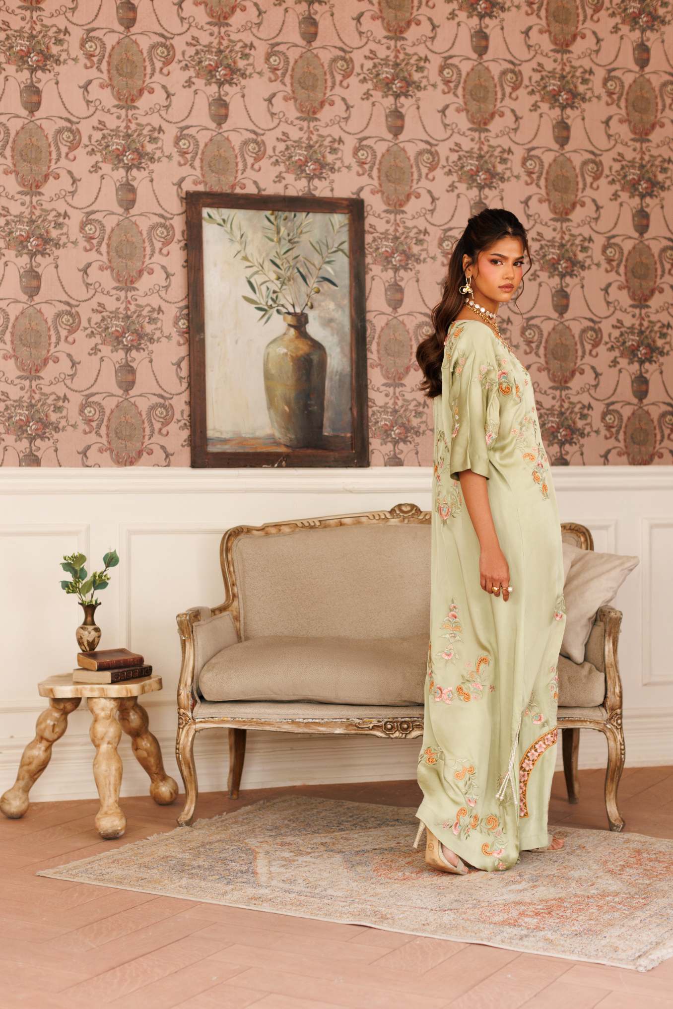 1-Piece Apple Green Kaftan Shisha Silk Embroidered