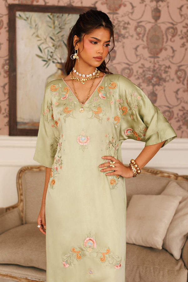 1-Piece Apple Green Kaftan Shisha Silk Embroidered