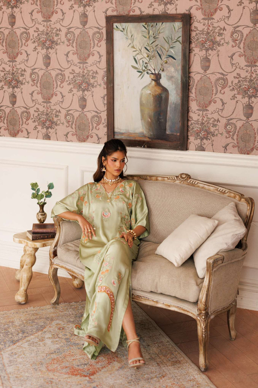 1-Piece Apple Green Kaftan Shisha Silk Embroidered