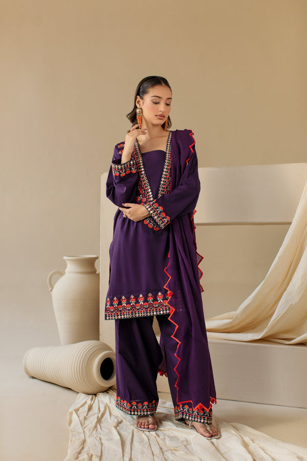 3-Piece Purple Embroidered Lawn