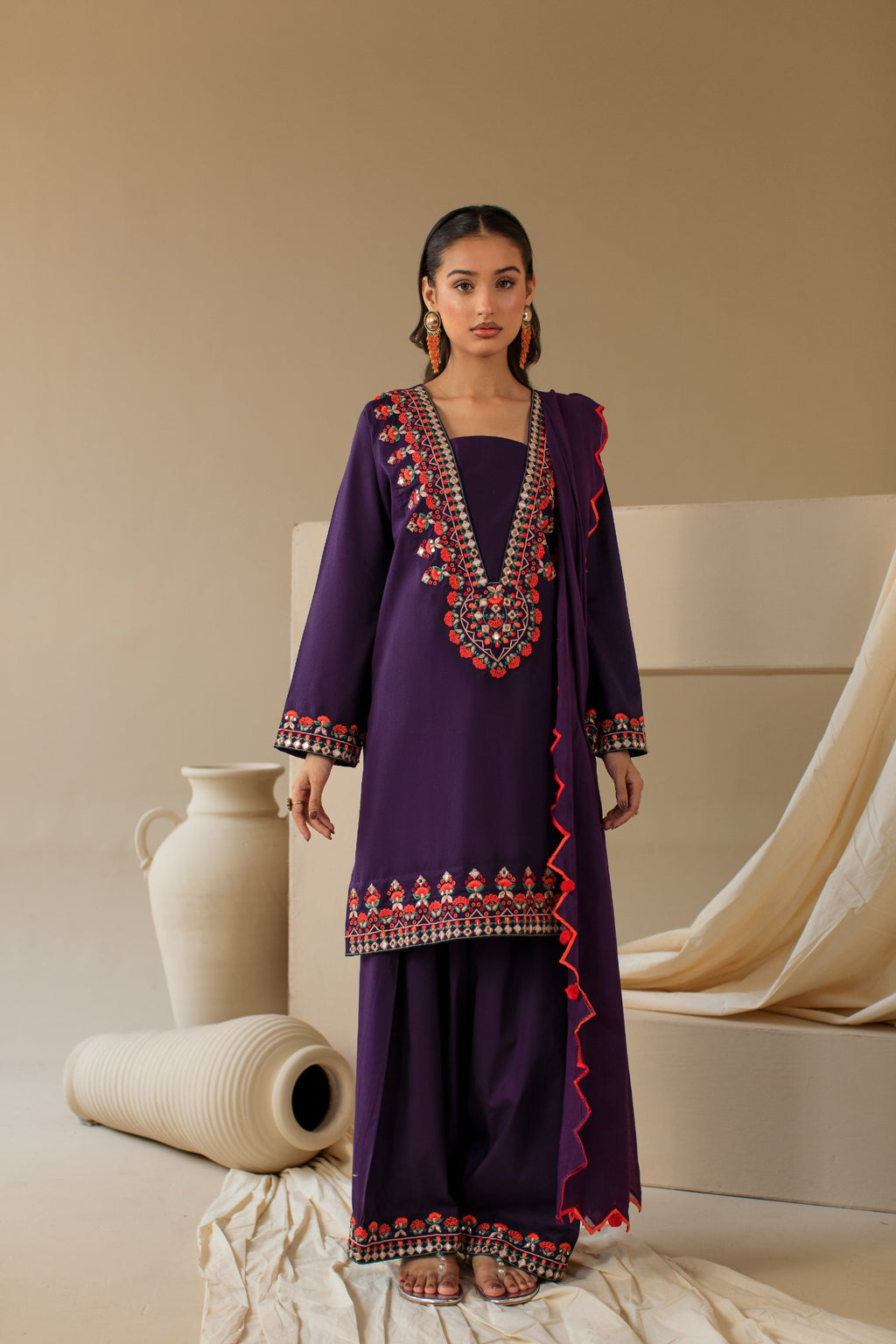 3-Piece Purple Embroidered Lawn