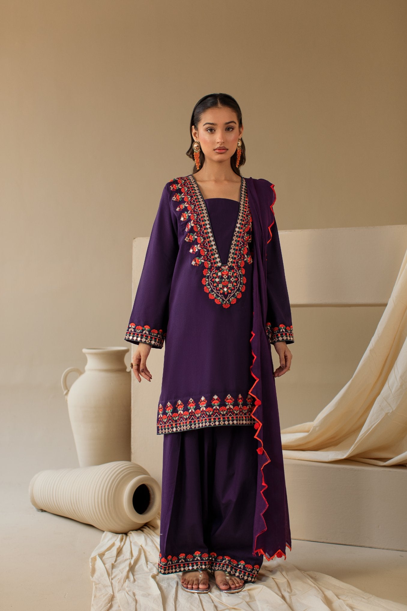 3-Piece Purple Embroidered Lawn