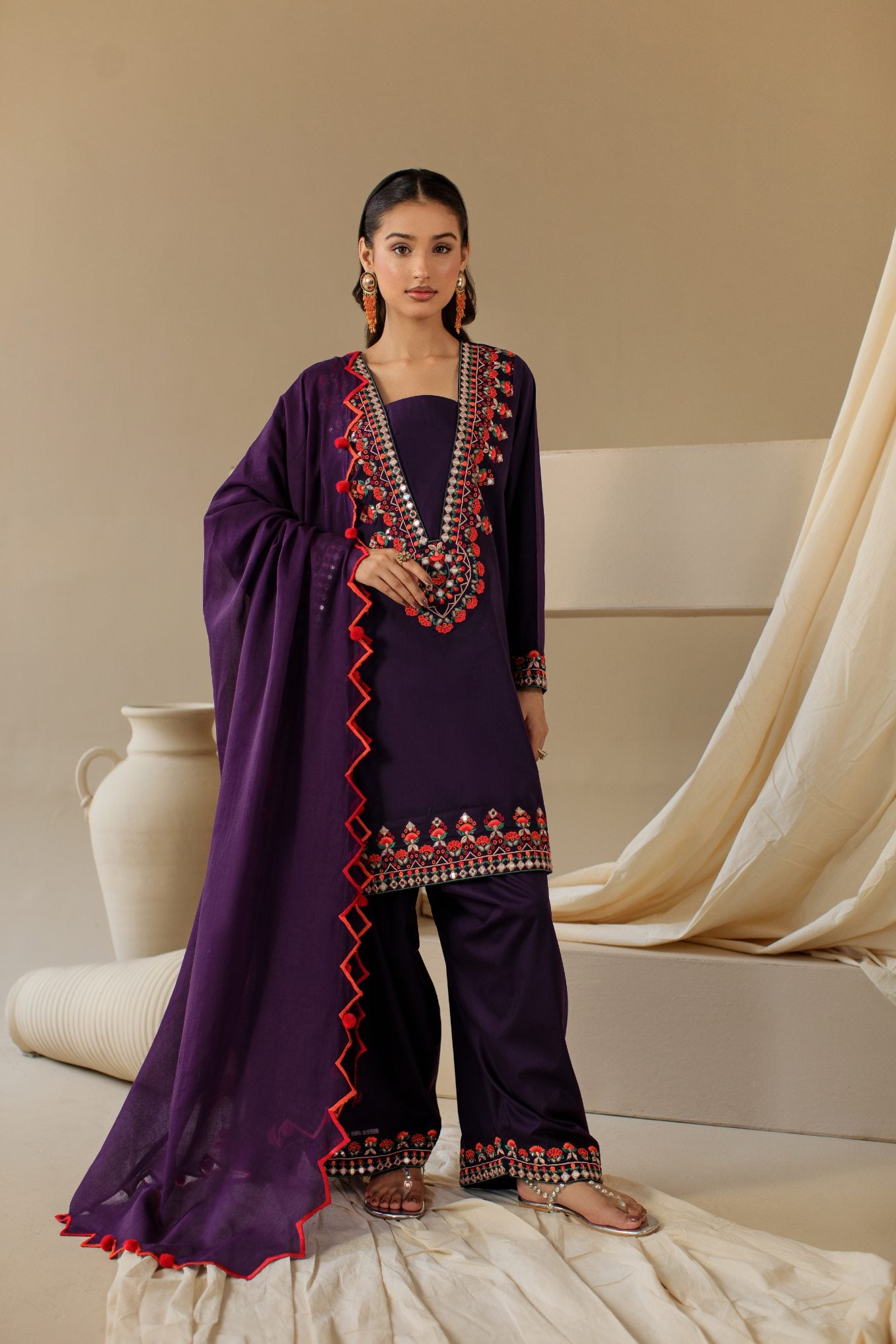 3-Piece Purple Embroidered Lawn