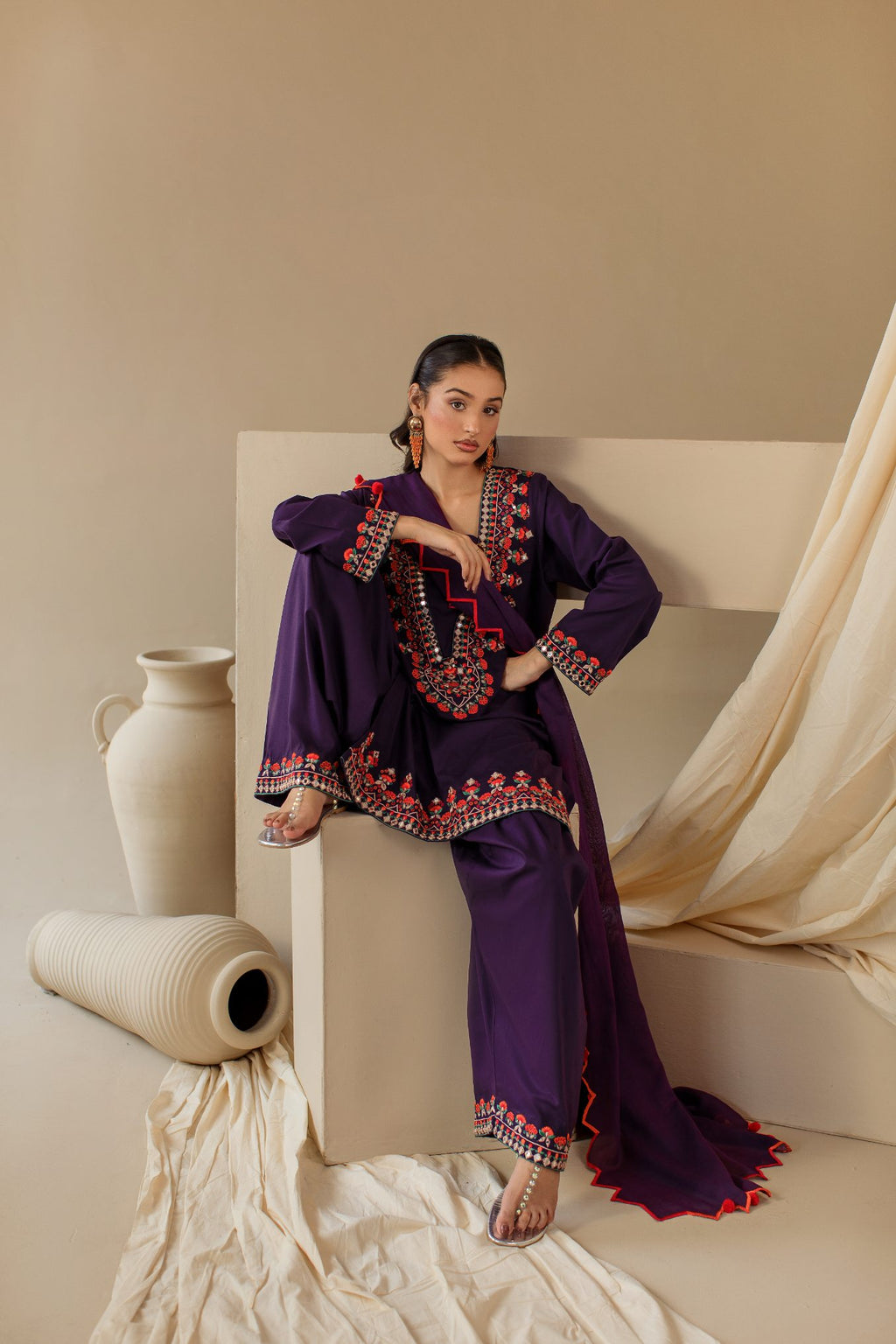 3-Piece Purple Embroidered Lawn