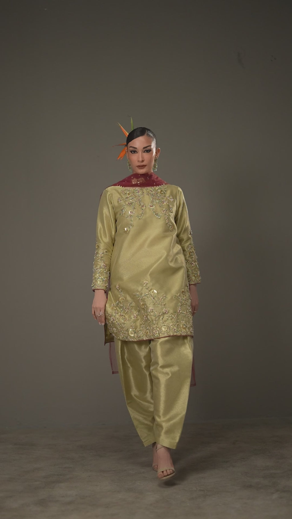 Olive Gold Lama Tissue Embroidered 3-Piece Formal — THK Designer Collection