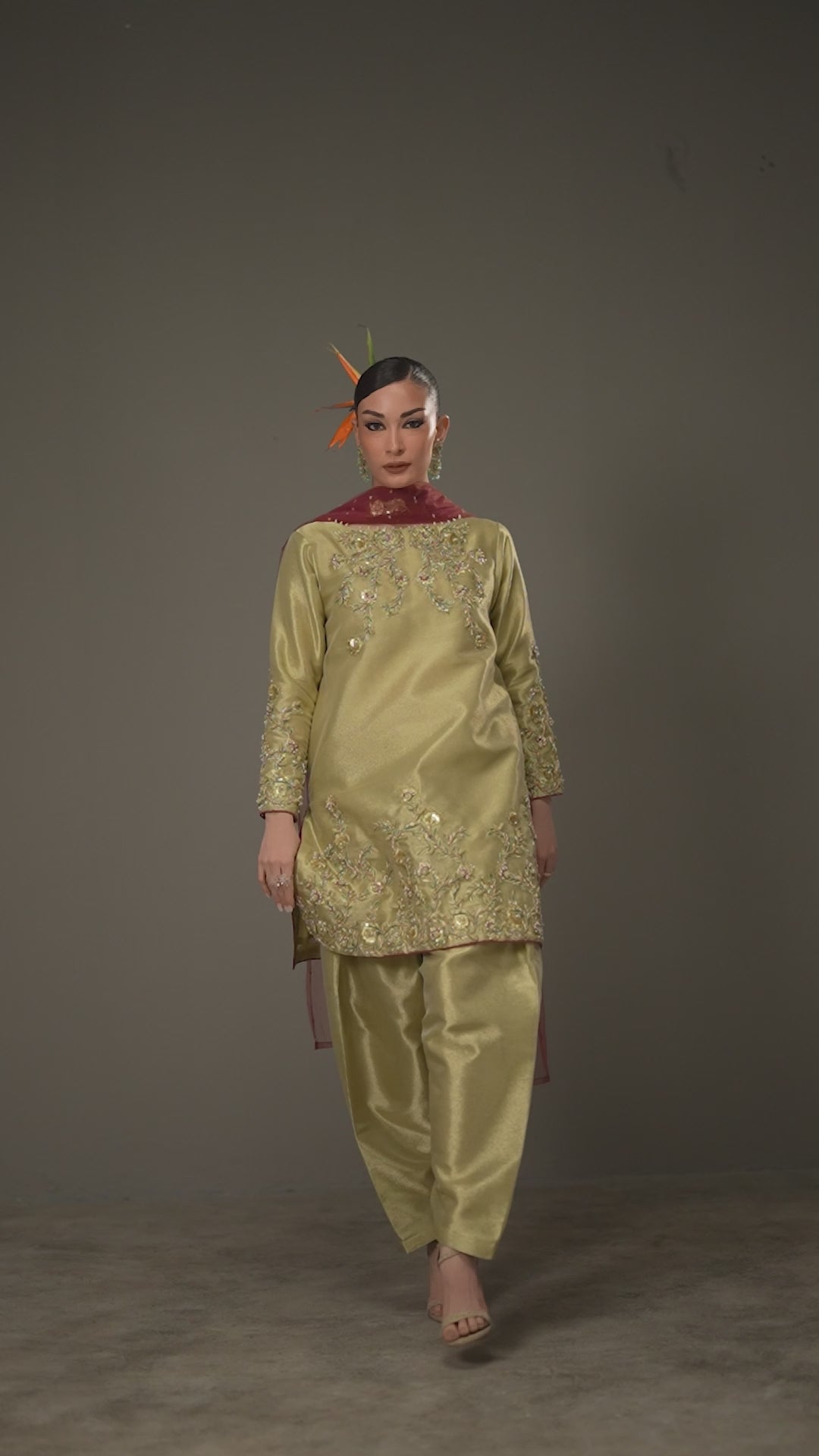 Olive Gold Lama Tissue Embroidered 3-Piece Formal — THK Designer Collection