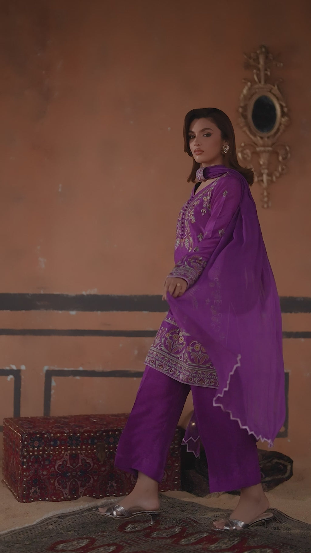 3-Piece Purple Korean Raw Silk Embroidered