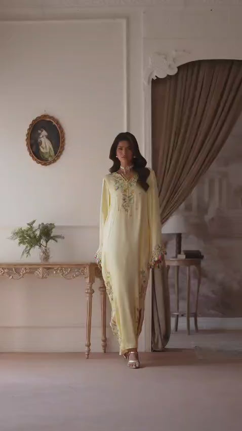 2-Piece Pastel Lemon Kaftan Shisha Silk Embroidered
