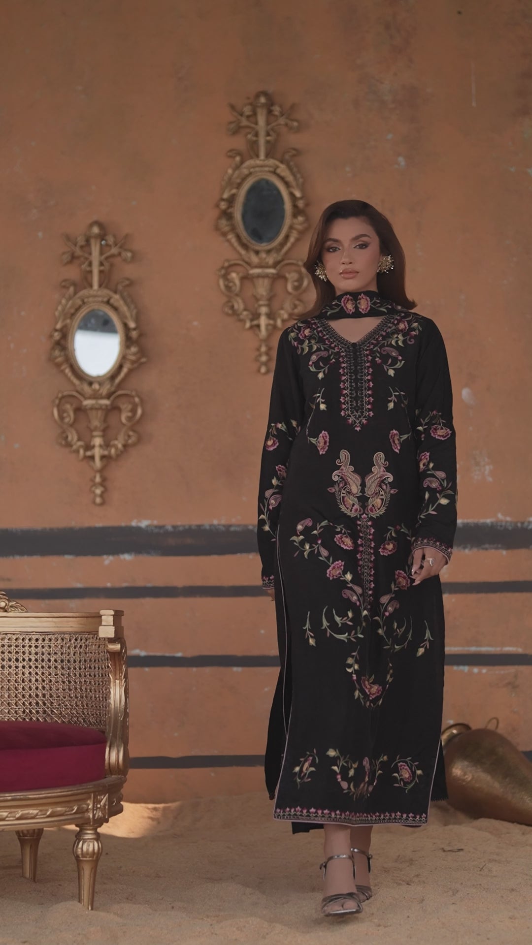 3-Piece Black Korean Raw Silk Embroidered
