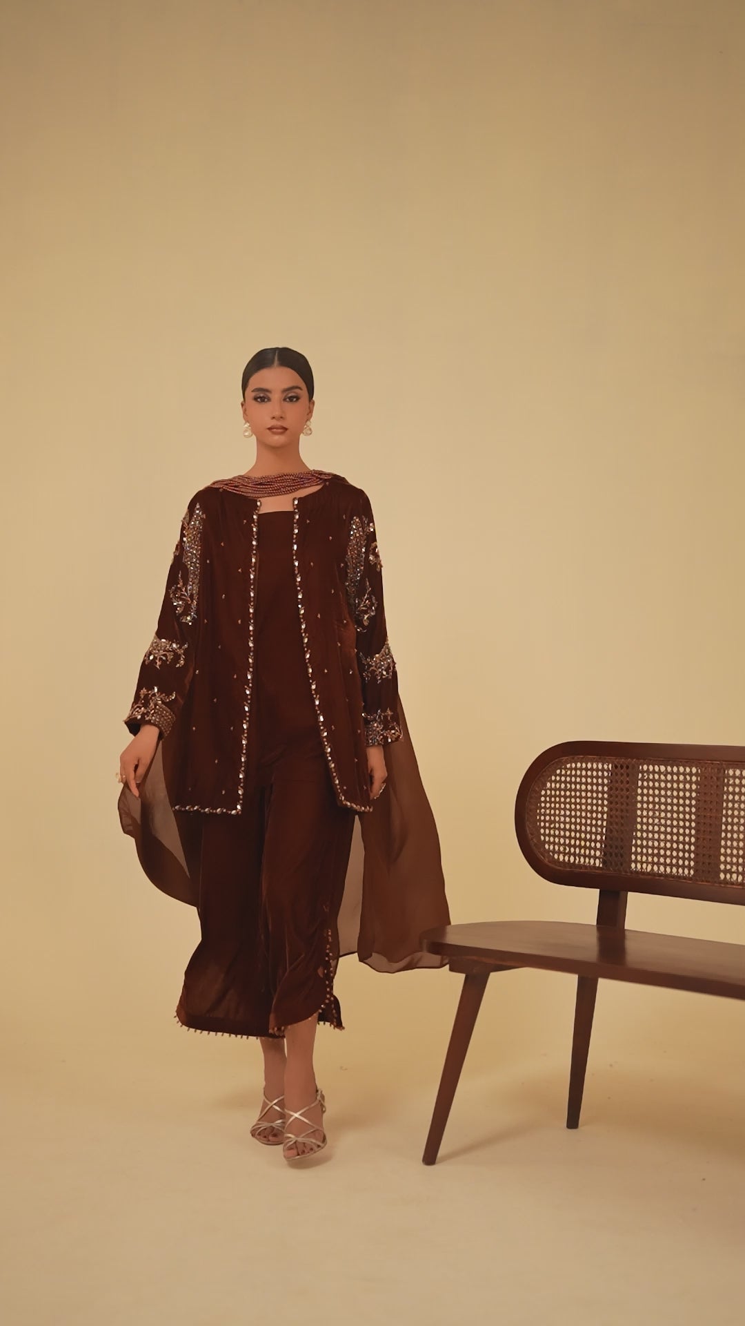3-Piece Brown Velvet Embroidered