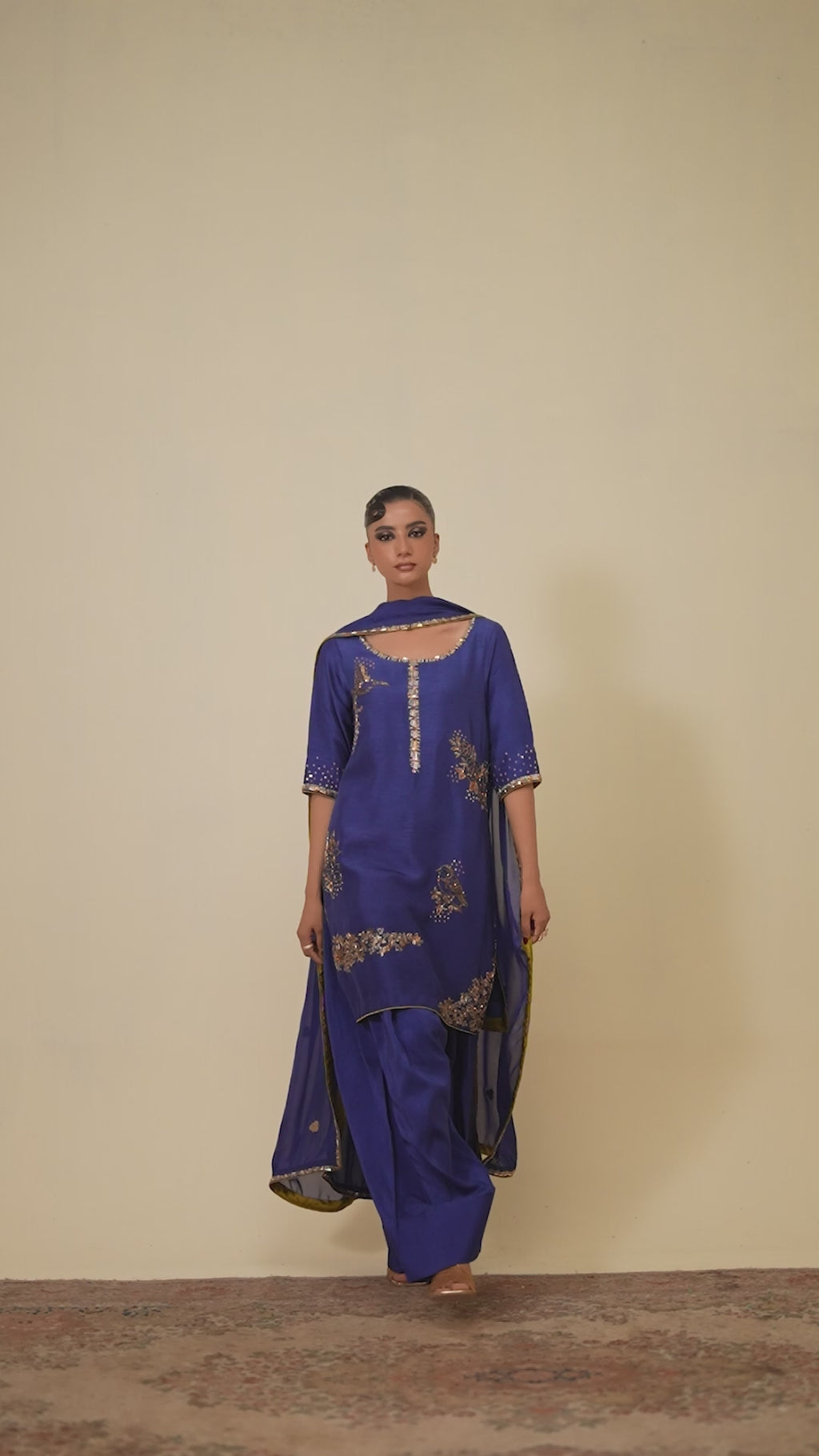 3-Piece Blue Raw Silk Embroidered