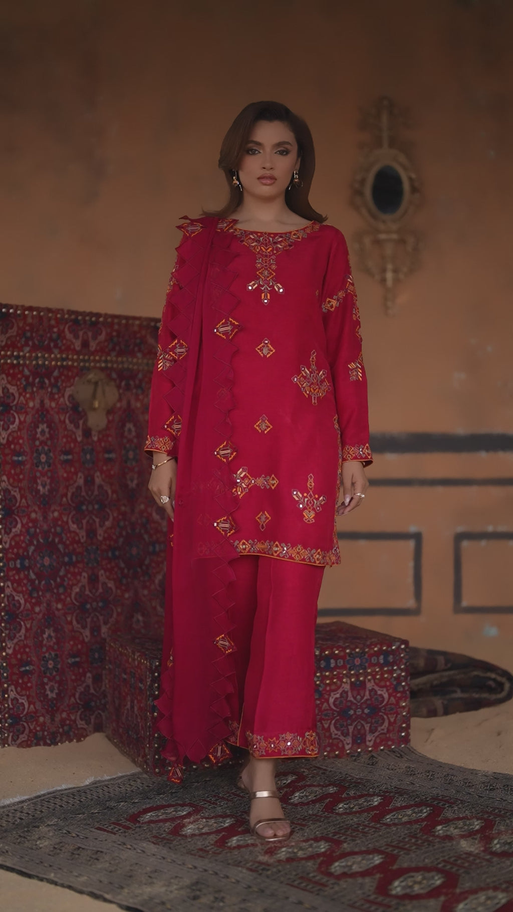 3-Piece Red Korean Raw Silk Embroidered