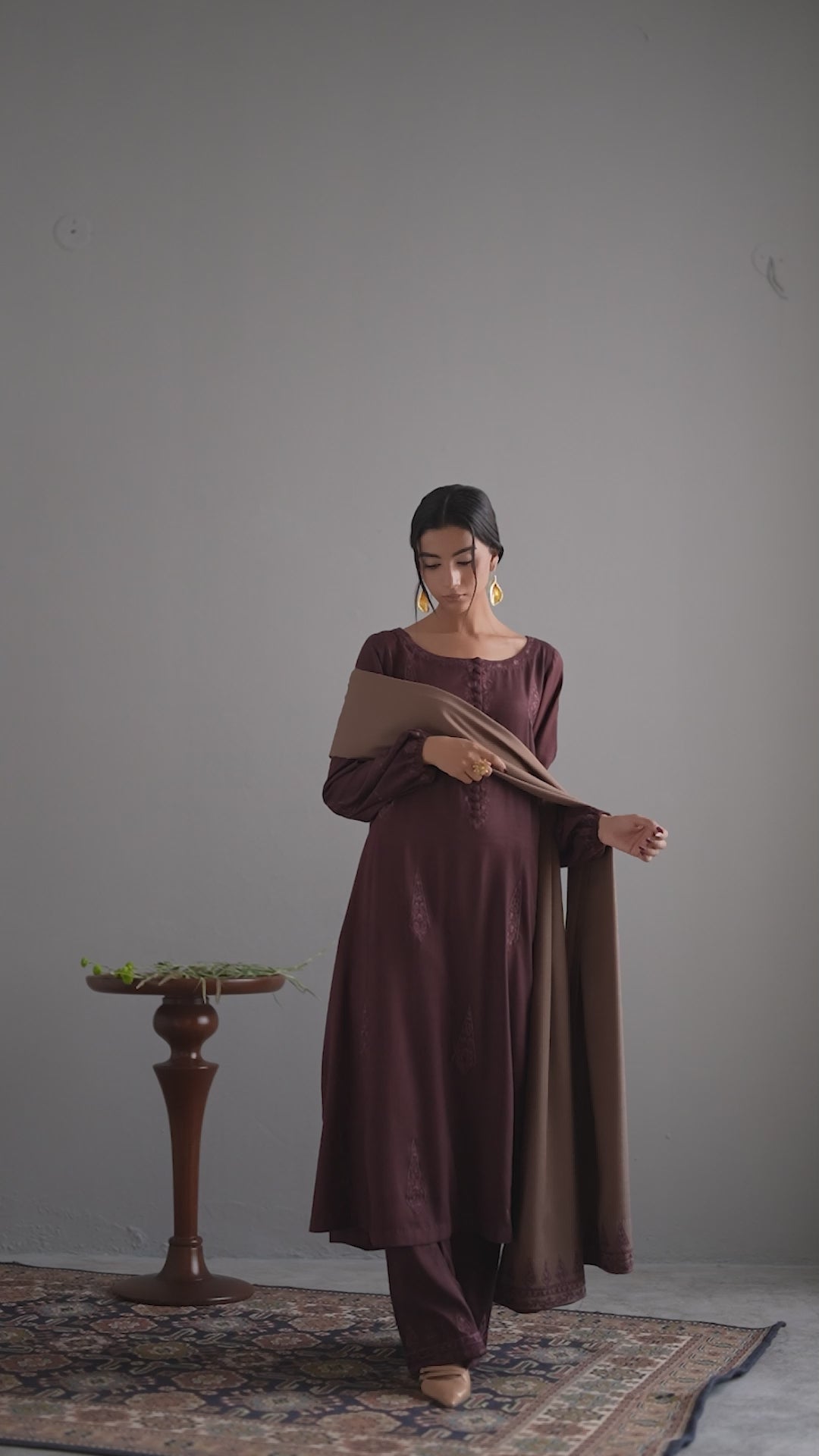 3-Piece Brown Woolina Embroidered
