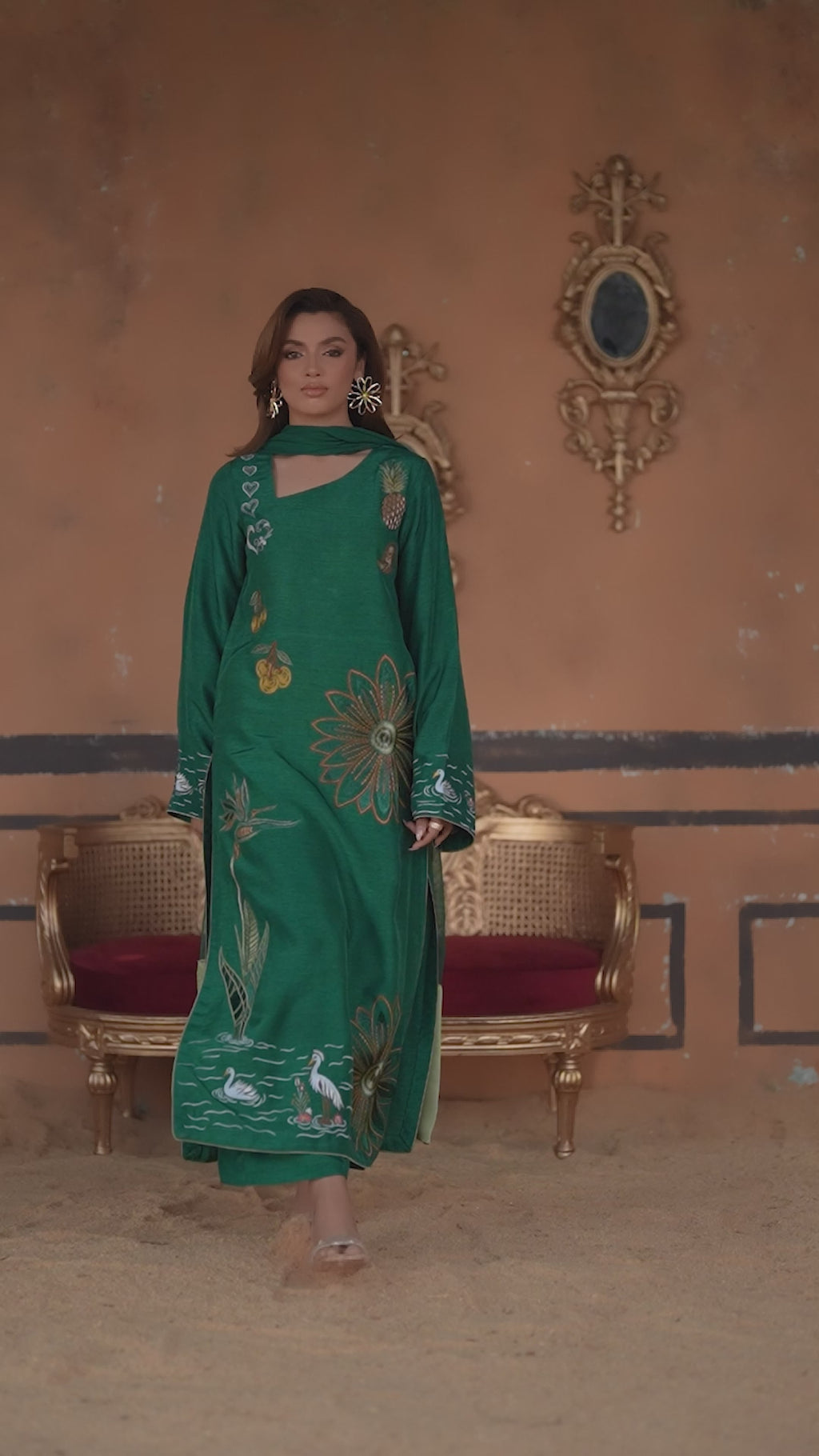 3-Piece Green Korean Raw Silk Embroidered
