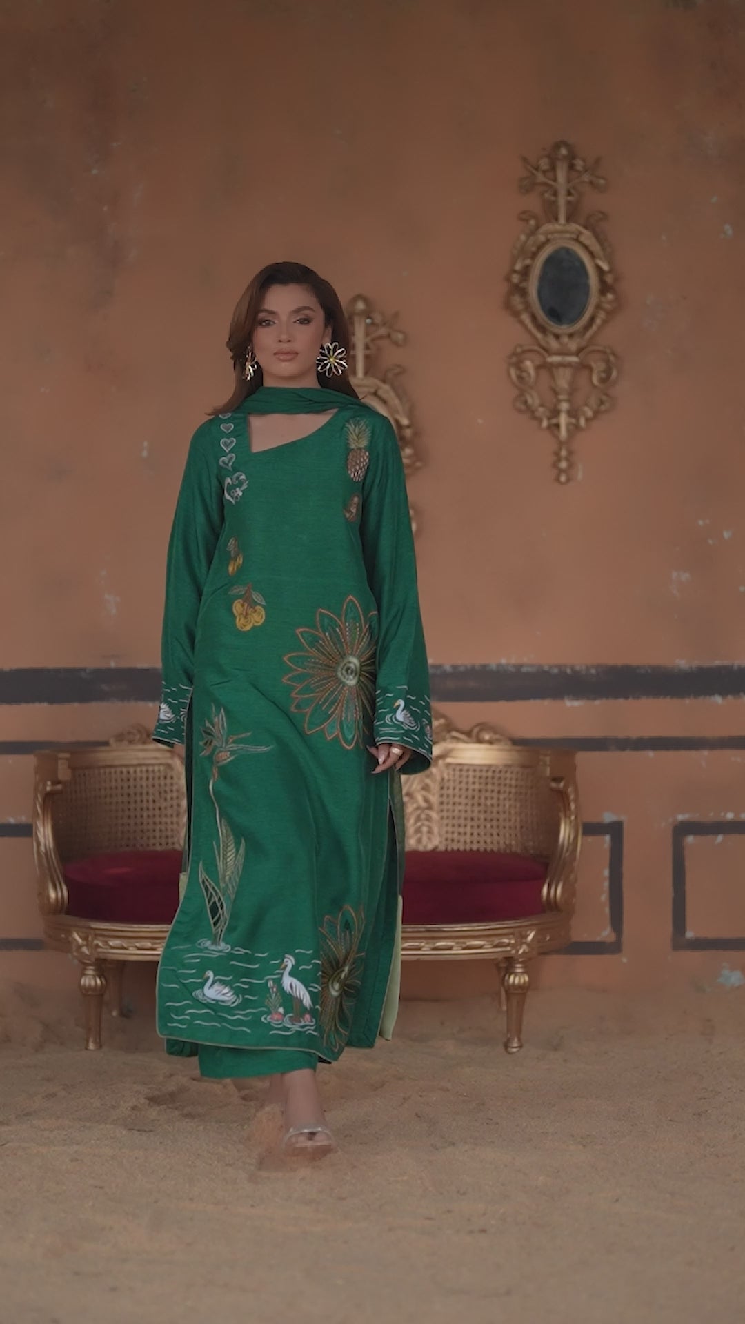 3-Piece Green Korean Raw Silk Embroidered