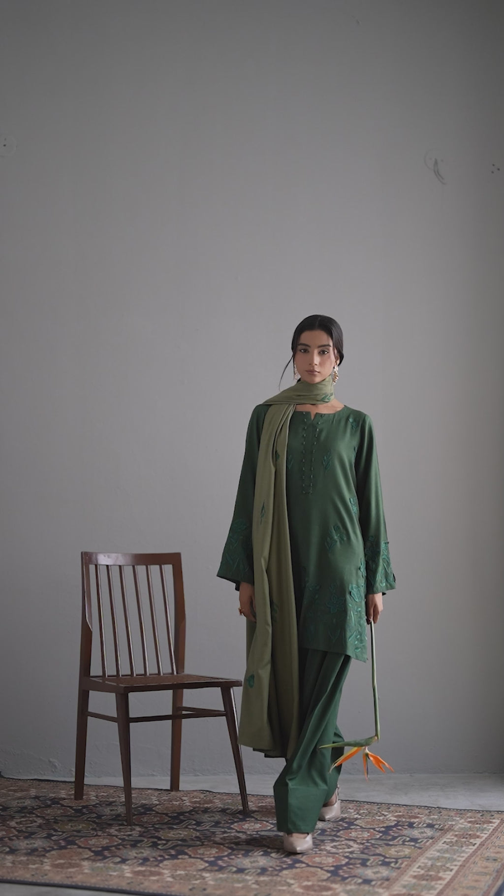 3-Piece Green Woolina Embroidered