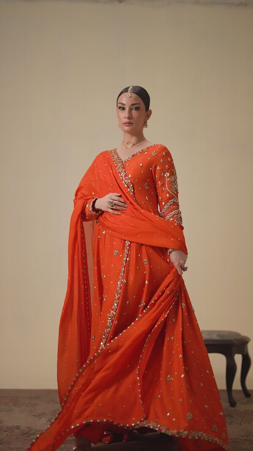 3-Piece Orange Anarkha Raw Silk Embroidered
