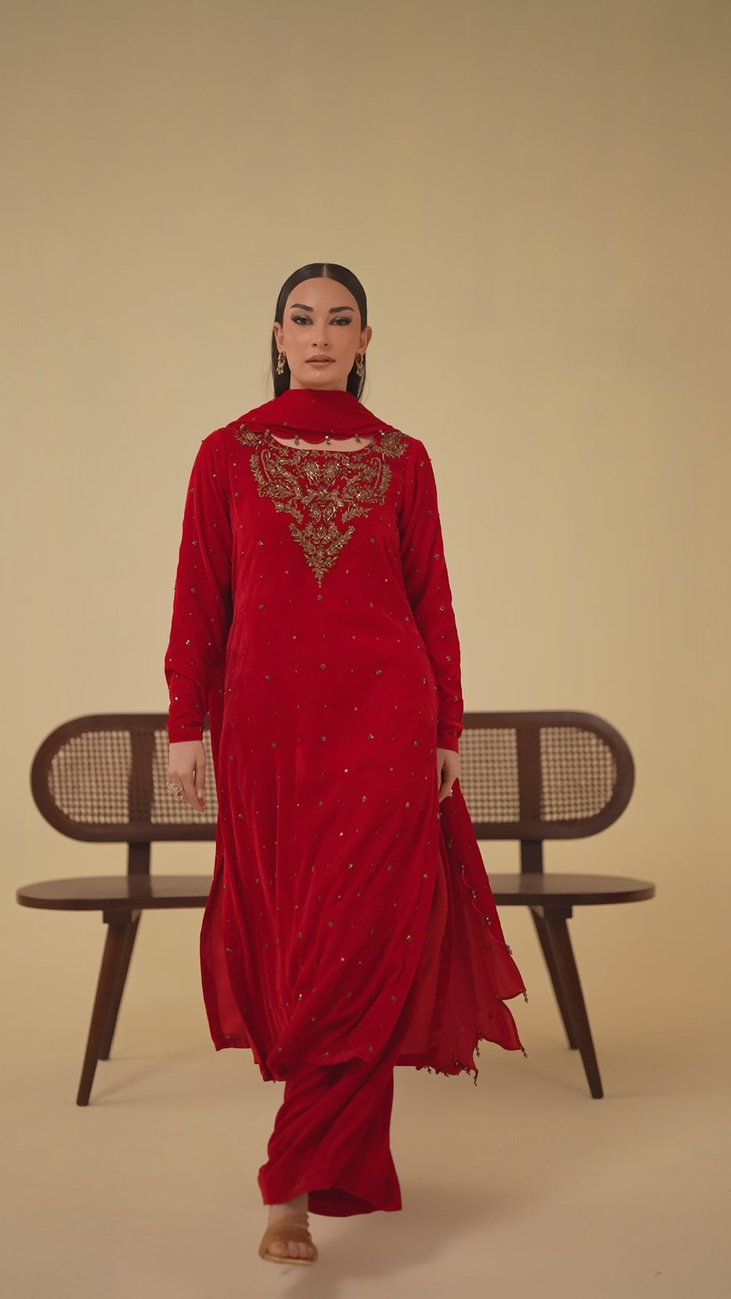3-Piece Red Velvet Embroidered